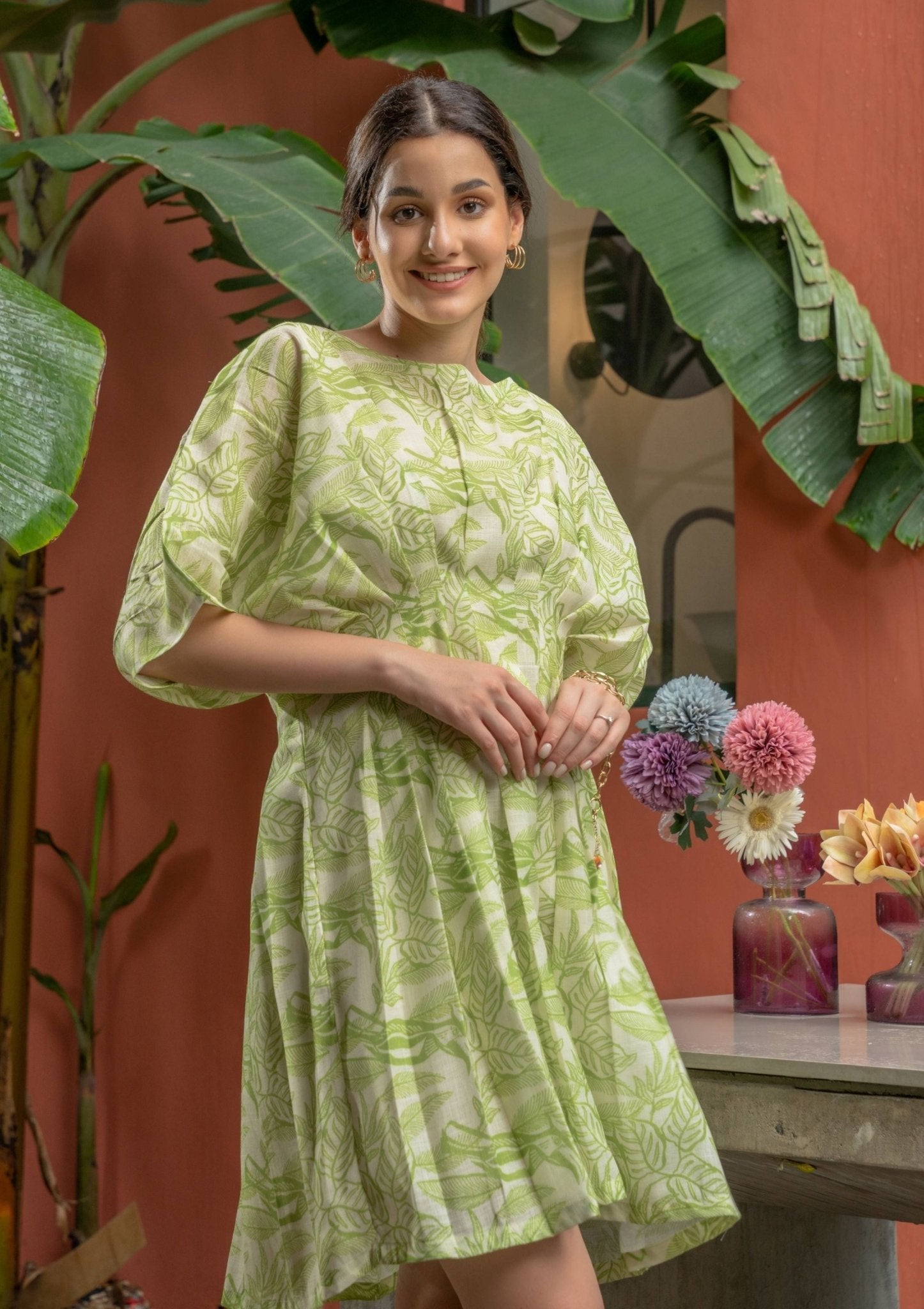 Mir Lime Green Linen Pleated Dress - doeraa