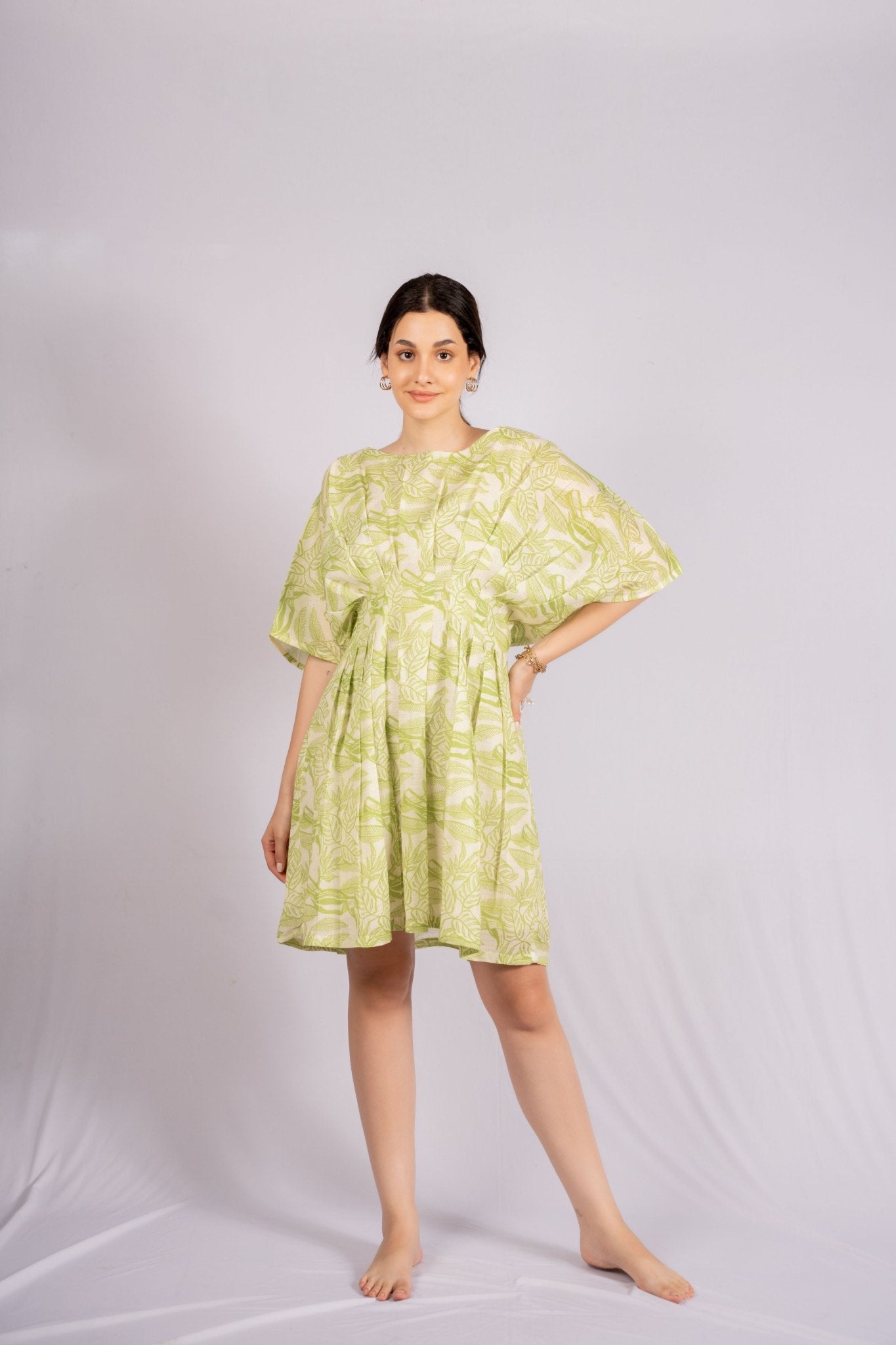 Mir Lime Green Linen Pleated Dress - doeraa