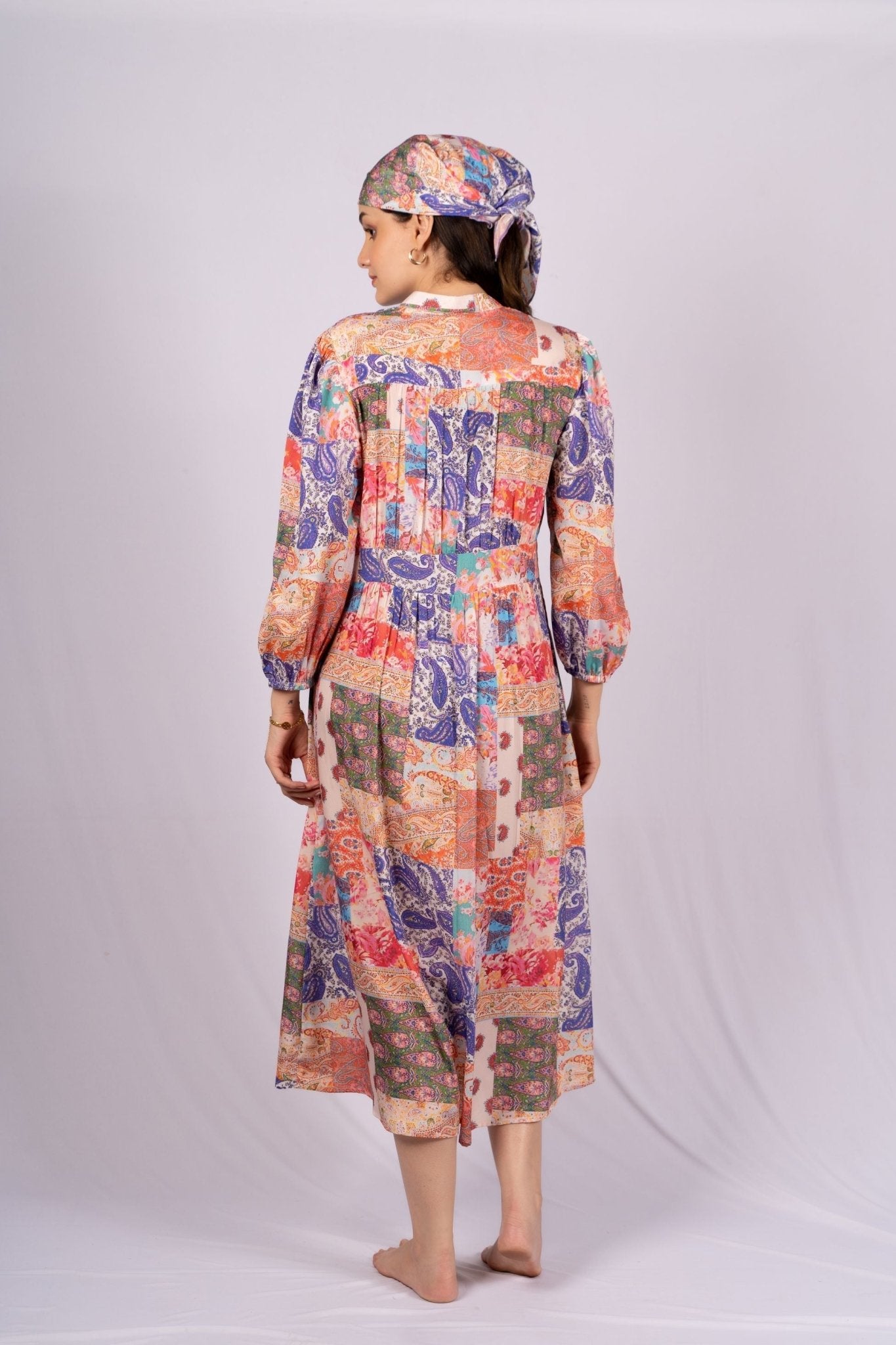 Mosaic Paisley Patch Print Long Crepe Dress - doeraa