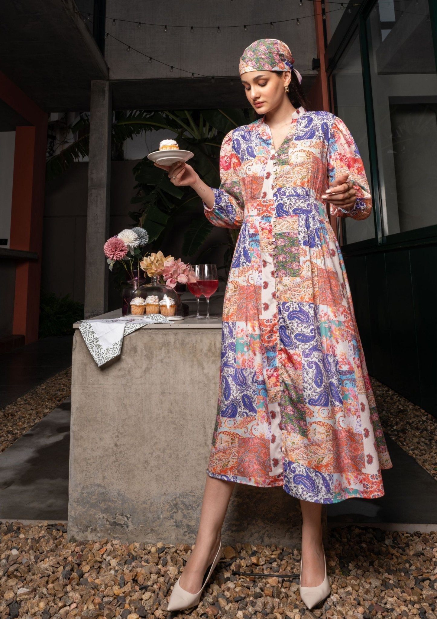 Mosaic Paisley Patch Print Long Crepe Dress - doeraa