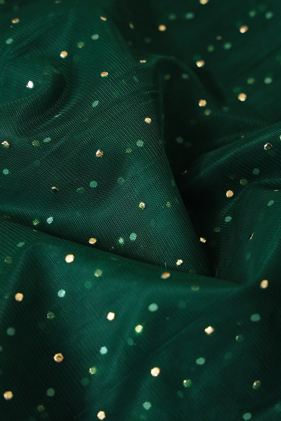 Mukaish Work On Bottle Green Soft Net Fabric - doeraa