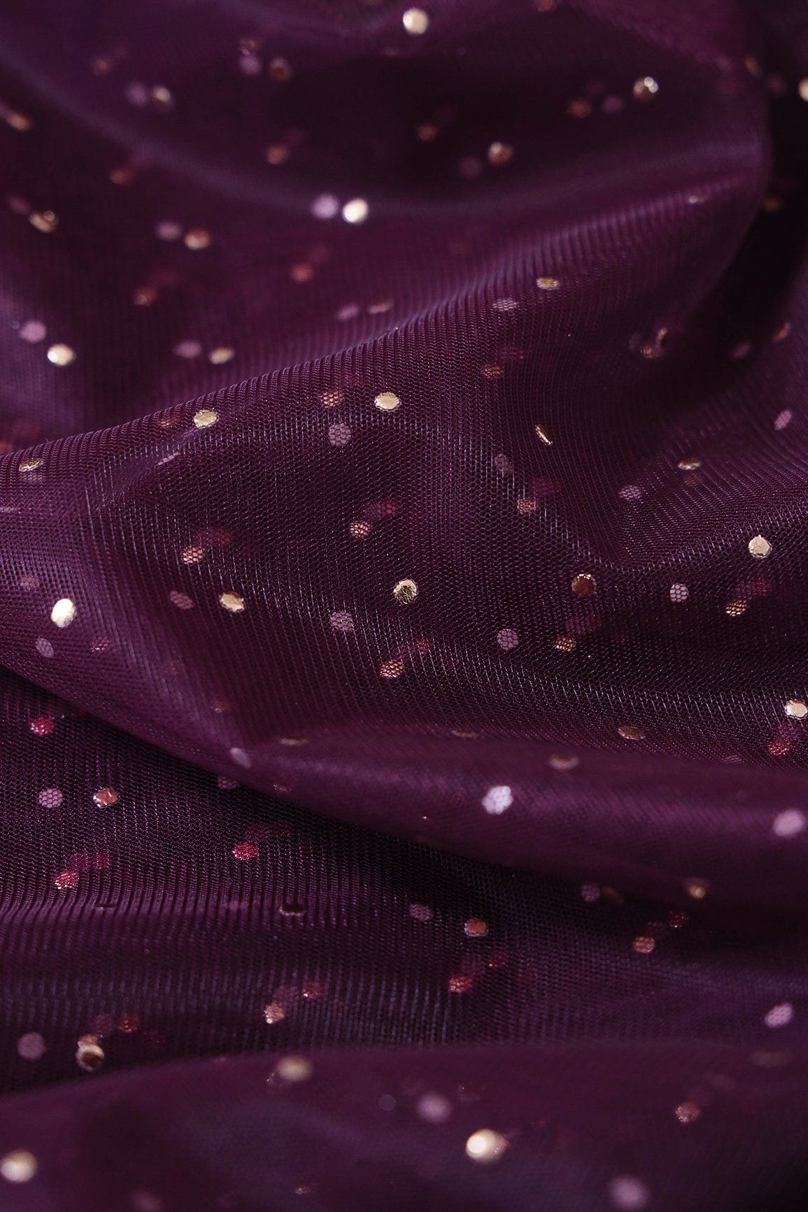 Mukaish Work On Wine Soft Net Fabric - doeraa