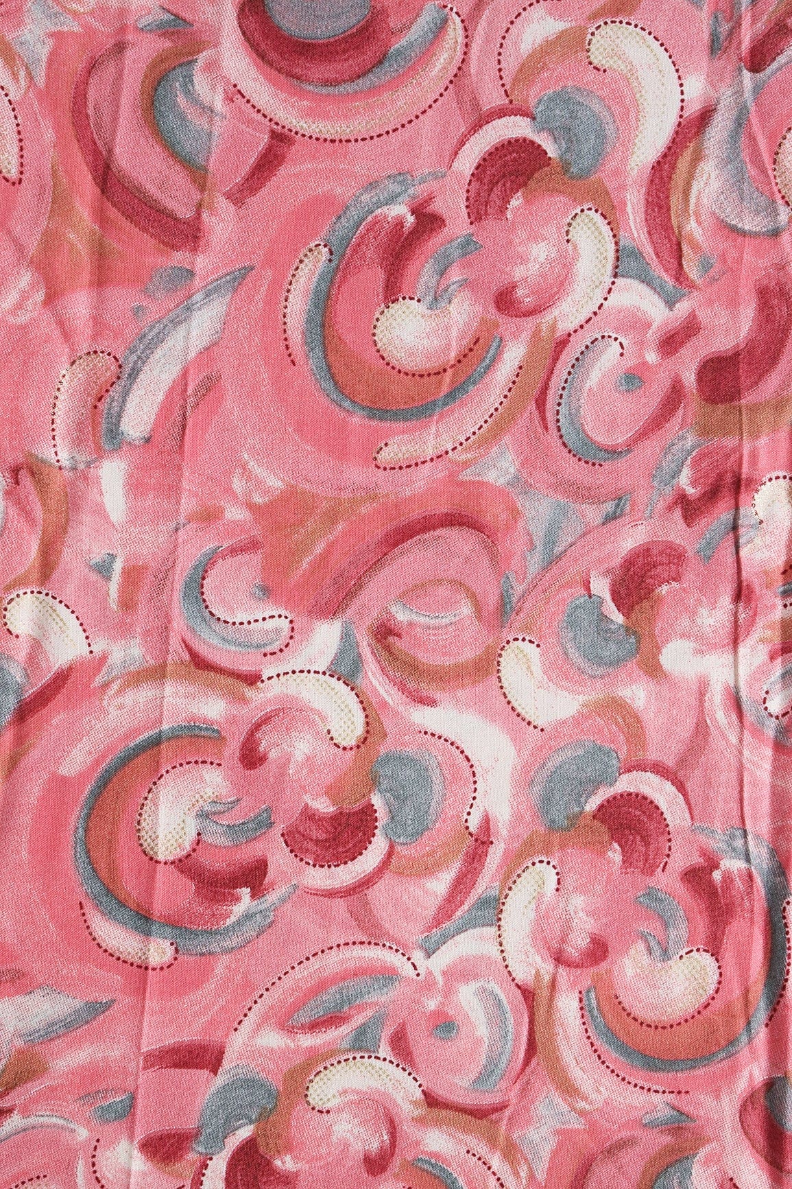 Multi Color Abstract Pattern With Foil Print On Light Pink Pure Rayon Fabric - doeraa