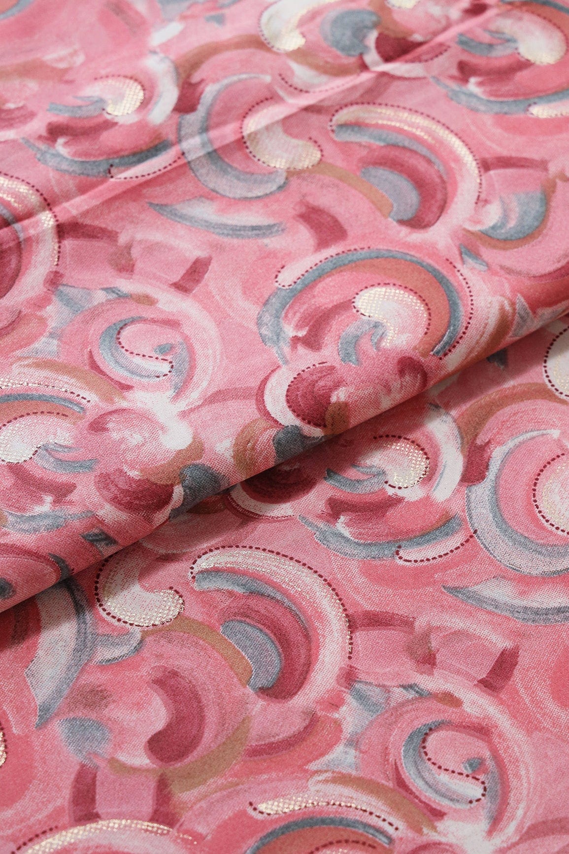 Multi Color Abstract Pattern With Foil Print On Light Pink Pure Rayon Fabric - doeraa