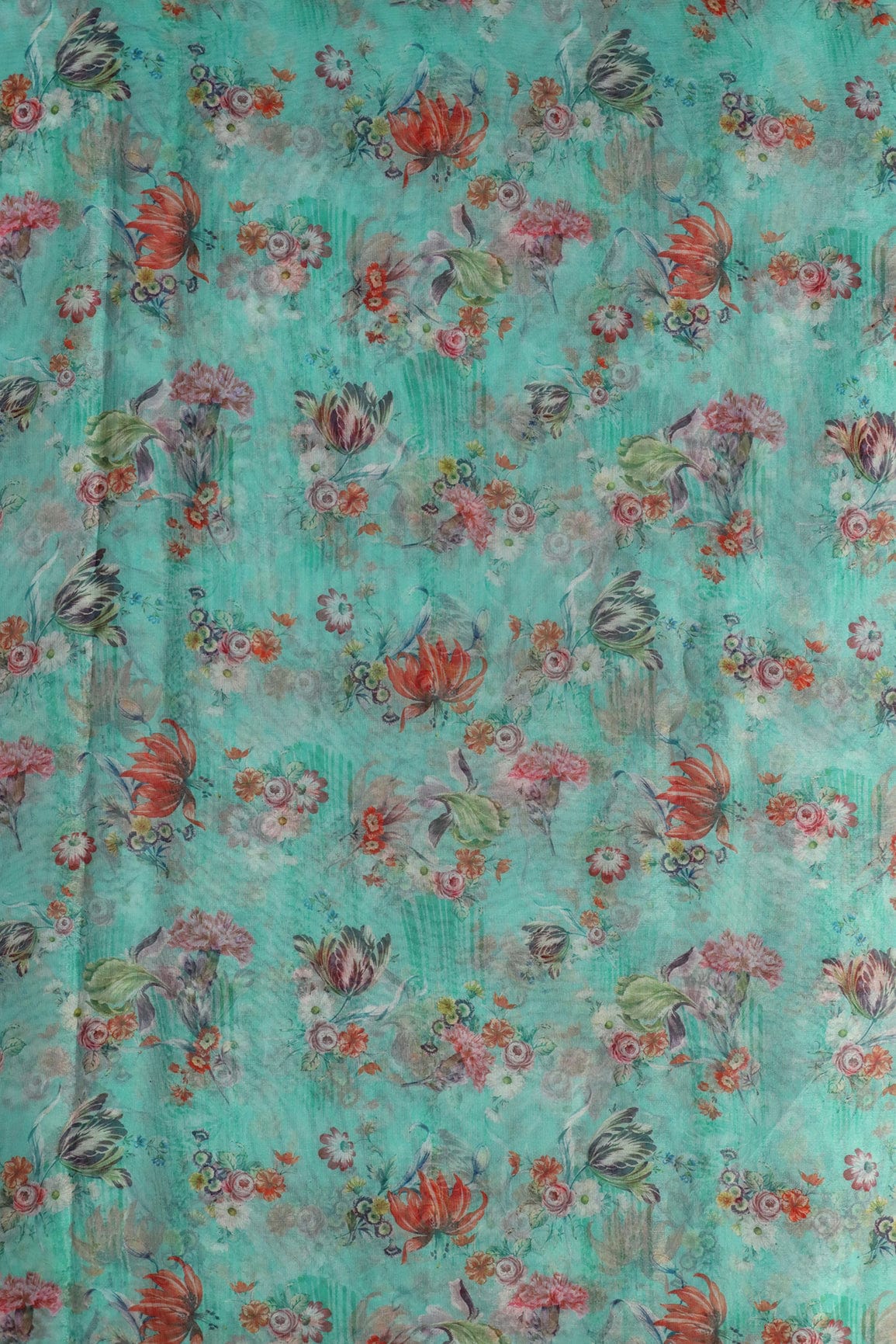 Multi Color Beautiful Floral Digital Print On Teal Organza Fabric - doeraa