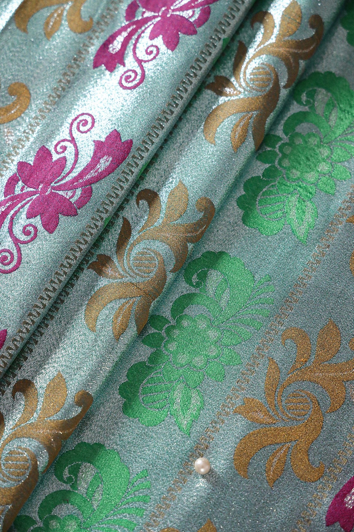Multi Color Floral Banarasi Zari Jacquard Fabric - doeraa