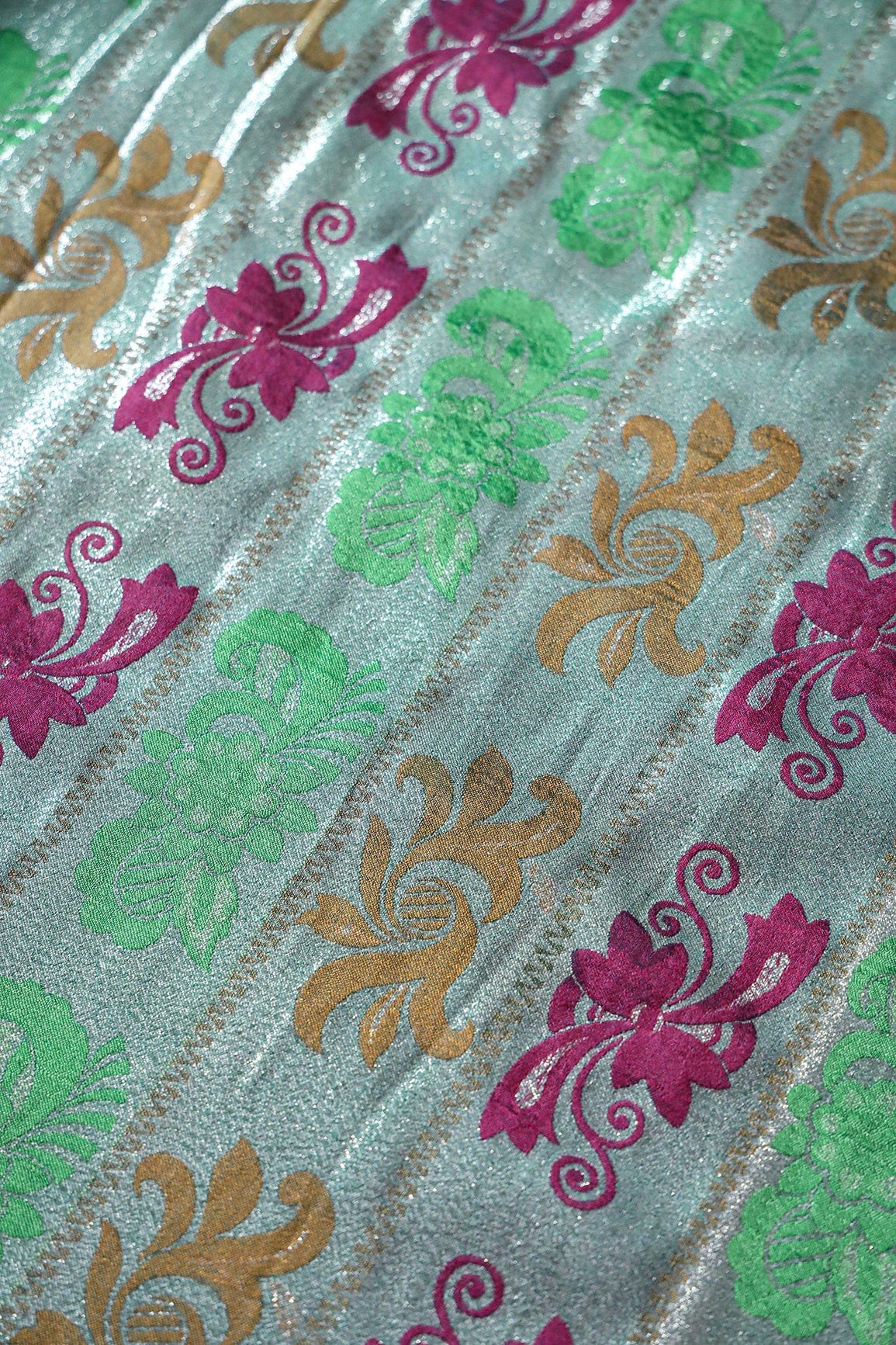 Multi Color Floral Banarasi Zari Jacquard Fabric - doeraa