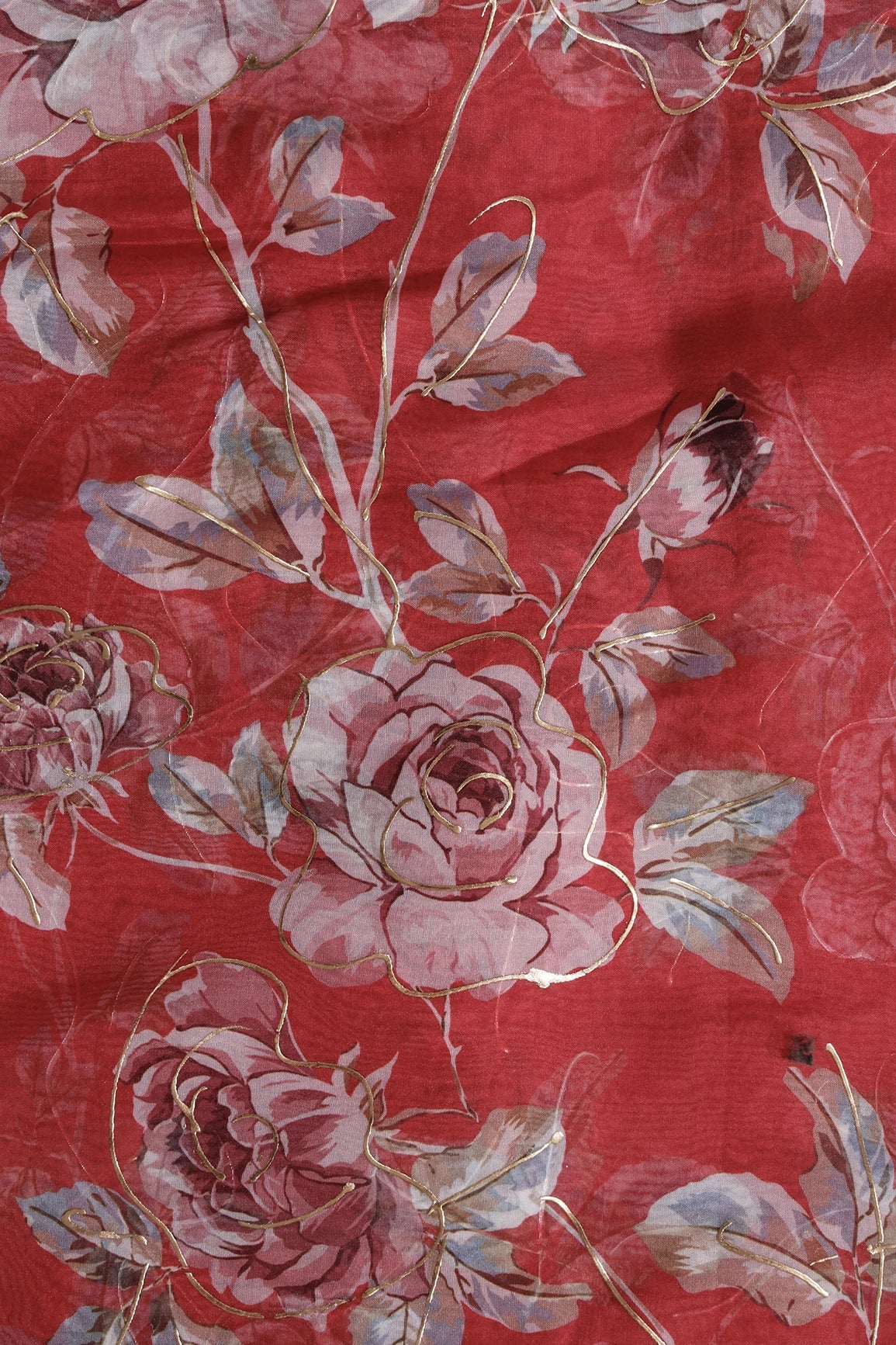 Multi Color Floral Digital Foil Print On Red Organza Fabric - doeraa