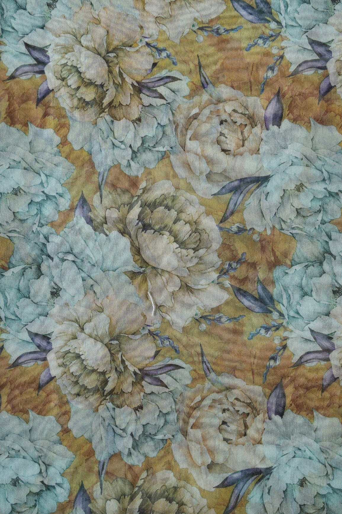 Multi Color Floral Digital Print On Light Brown Organza Fabric - doeraa