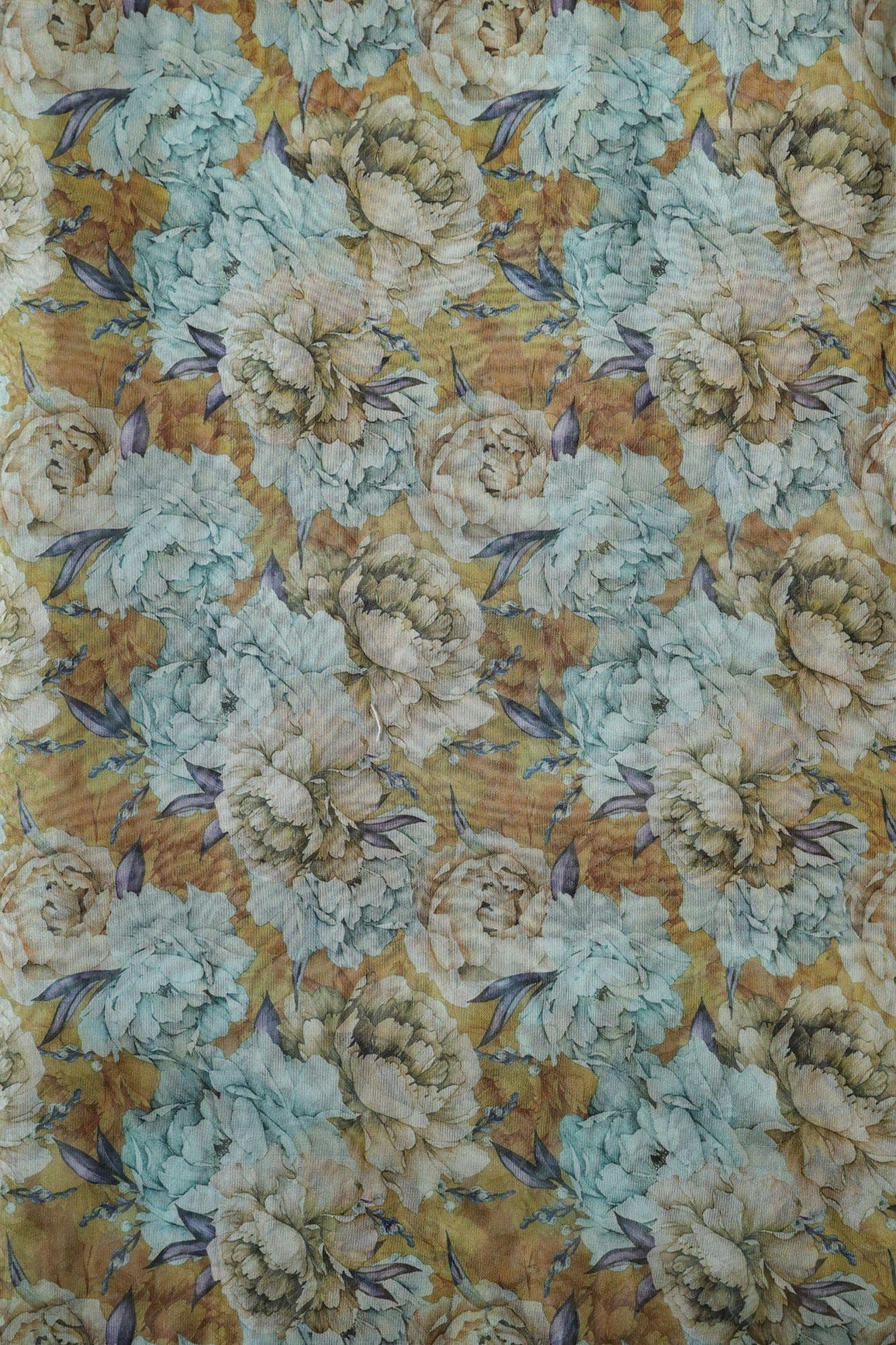 Multi Color Floral Digital Print On Light Brown Organza Fabric - doeraa