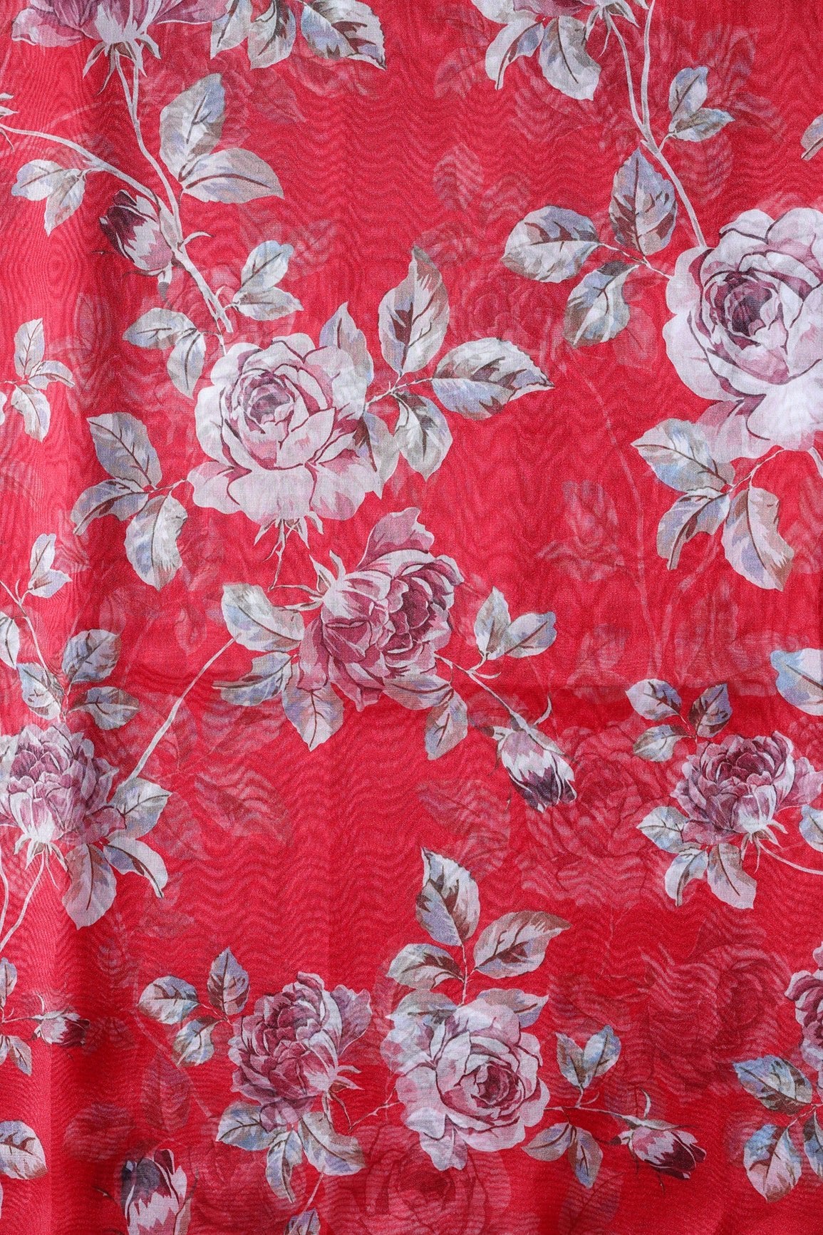 Multi Color Floral Digital Print On Red Organza Fabric - doeraa