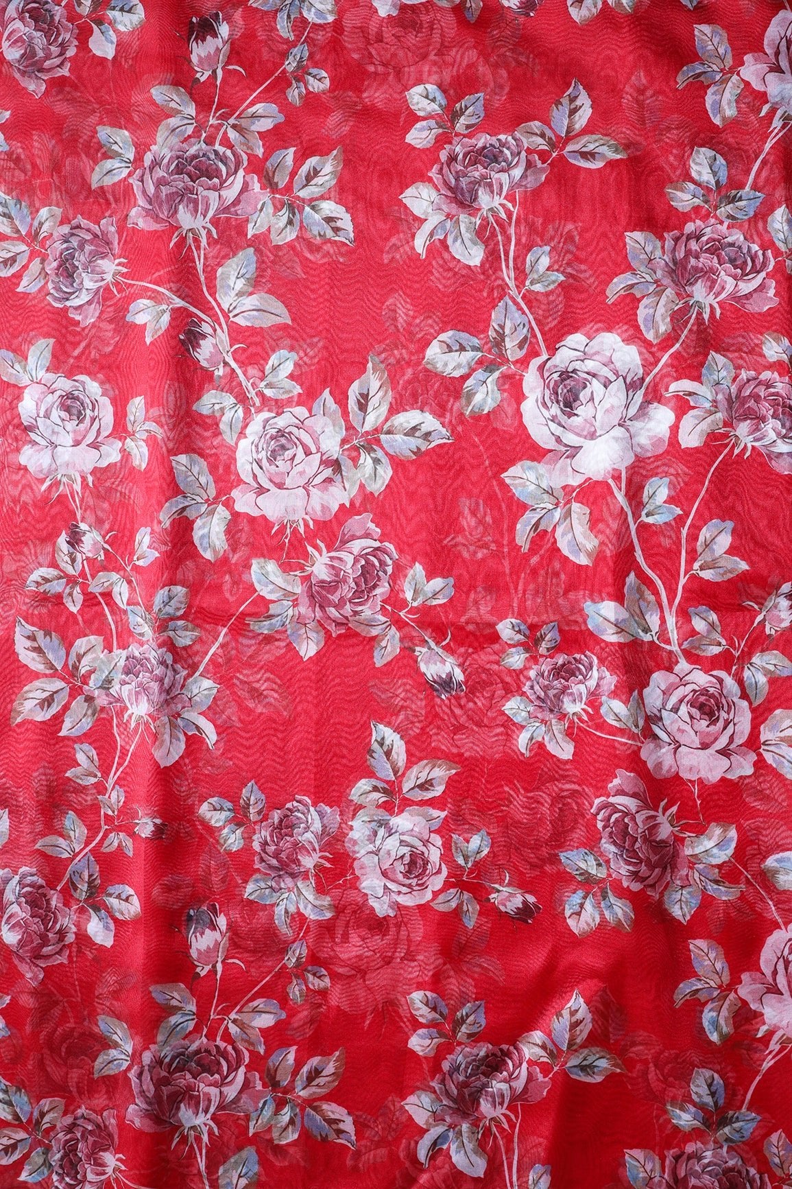 Multi Color Floral Digital Print On Red Organza Fabric - doeraa