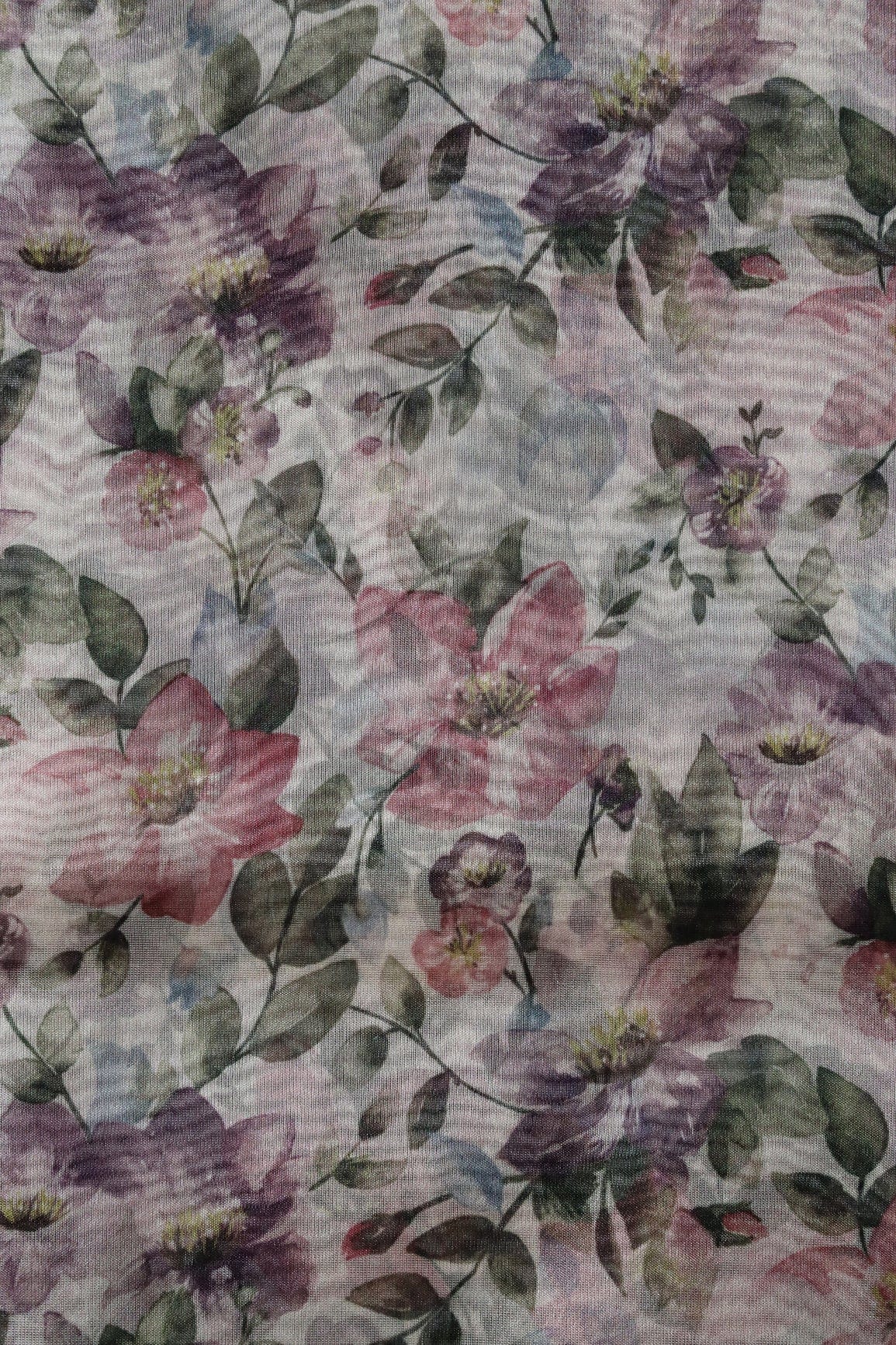 Multi Color Floral Digital Print On White Organza Fabric - doeraa