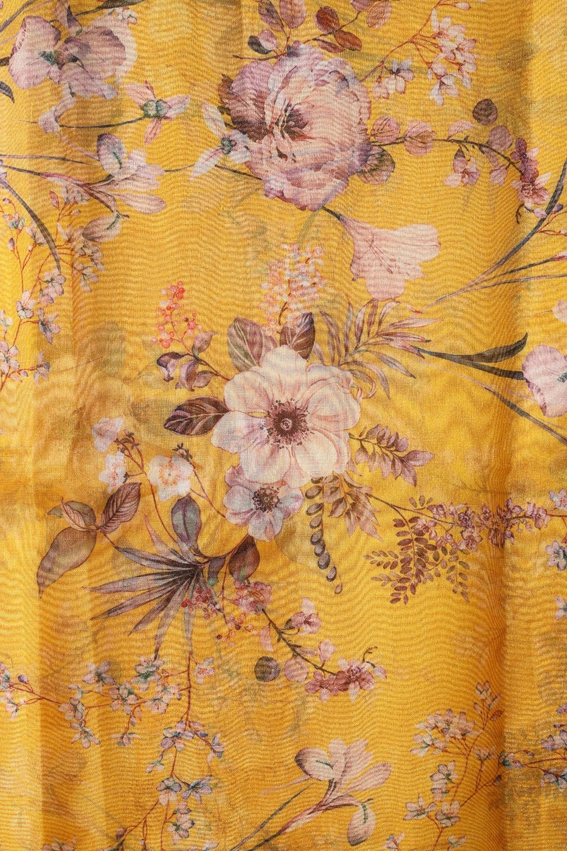 Multi Color Floral Digital Print On Yellow Organza Fabric - doeraa