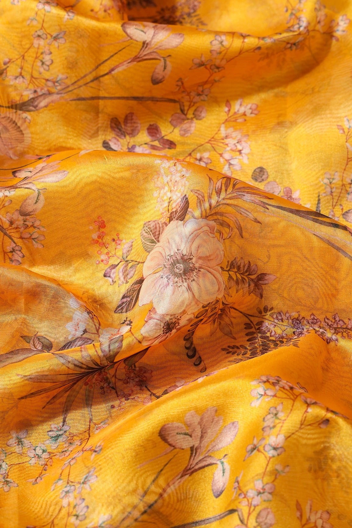Multi Color Floral Digital Print On Yellow Organza Fabric - doeraa