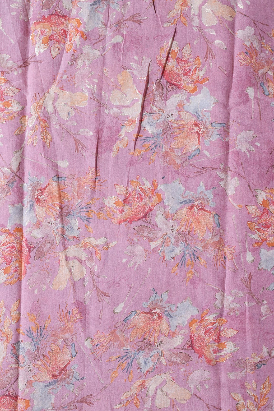 Multi Color Floral Foil Print On Lavender Pink Viscose Chanderi Silk Fabric - doeraa