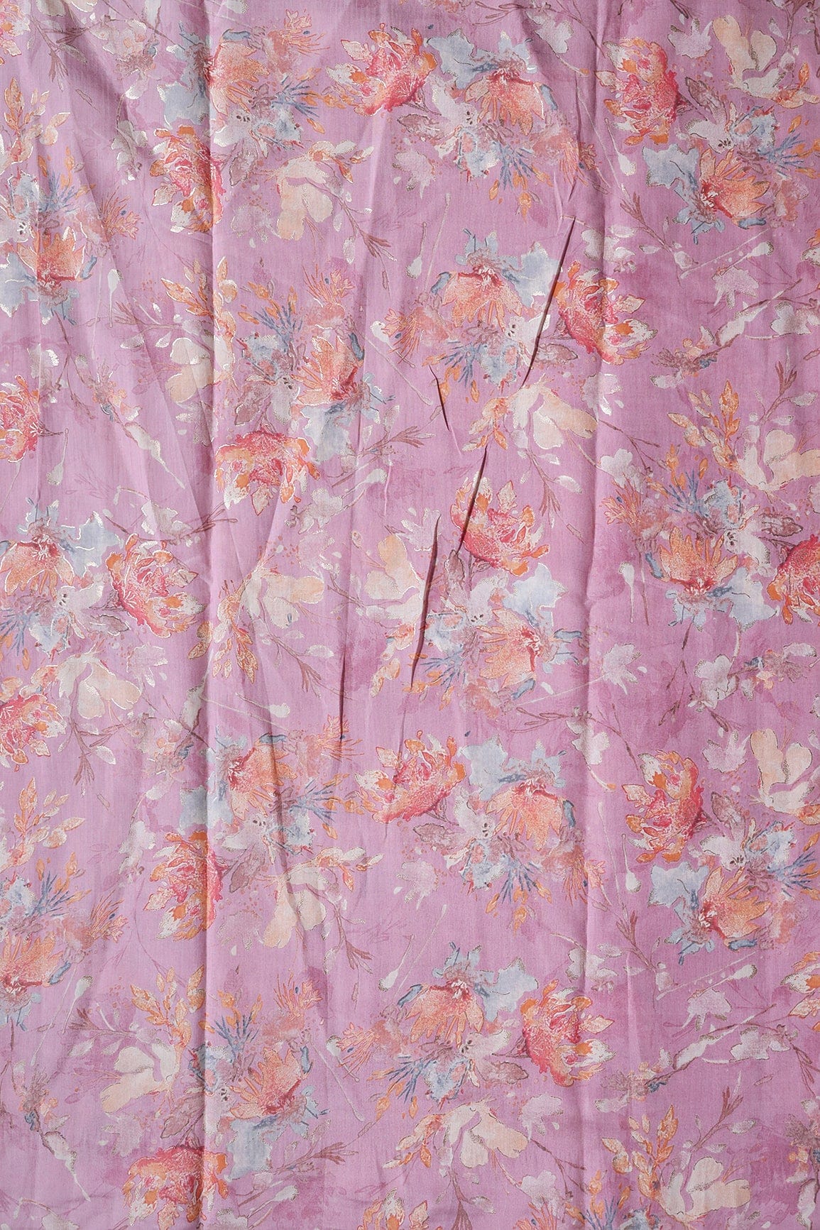 Multi Color Floral Foil Print On Lavender Pink Viscose Chanderi Silk Fabric - doeraa