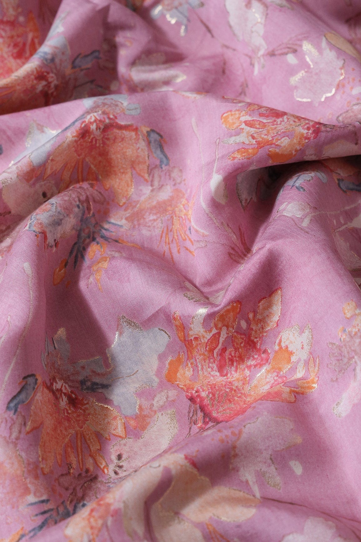 Multi Color Floral Foil Print On Lavender Pink Viscose Chanderi Silk Fabric - doeraa