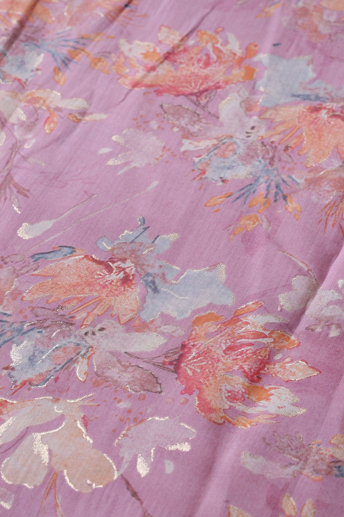 Multi Color Floral Foil Print On Lavender Pink Viscose Chanderi Silk Fabric - doeraa