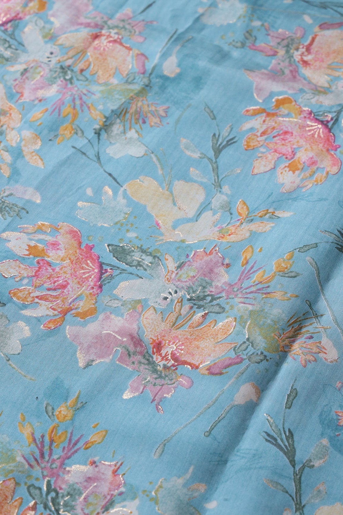 Multi Color Floral Foil Print On Sky Blue Viscose Chanderi Silk Fabric - doeraa