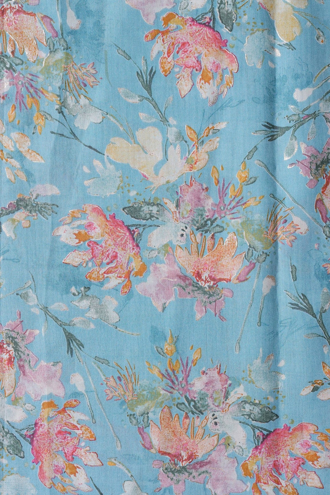 Multi Color Floral Foil Print On Sky Blue Viscose Chanderi Silk Fabric - doeraa