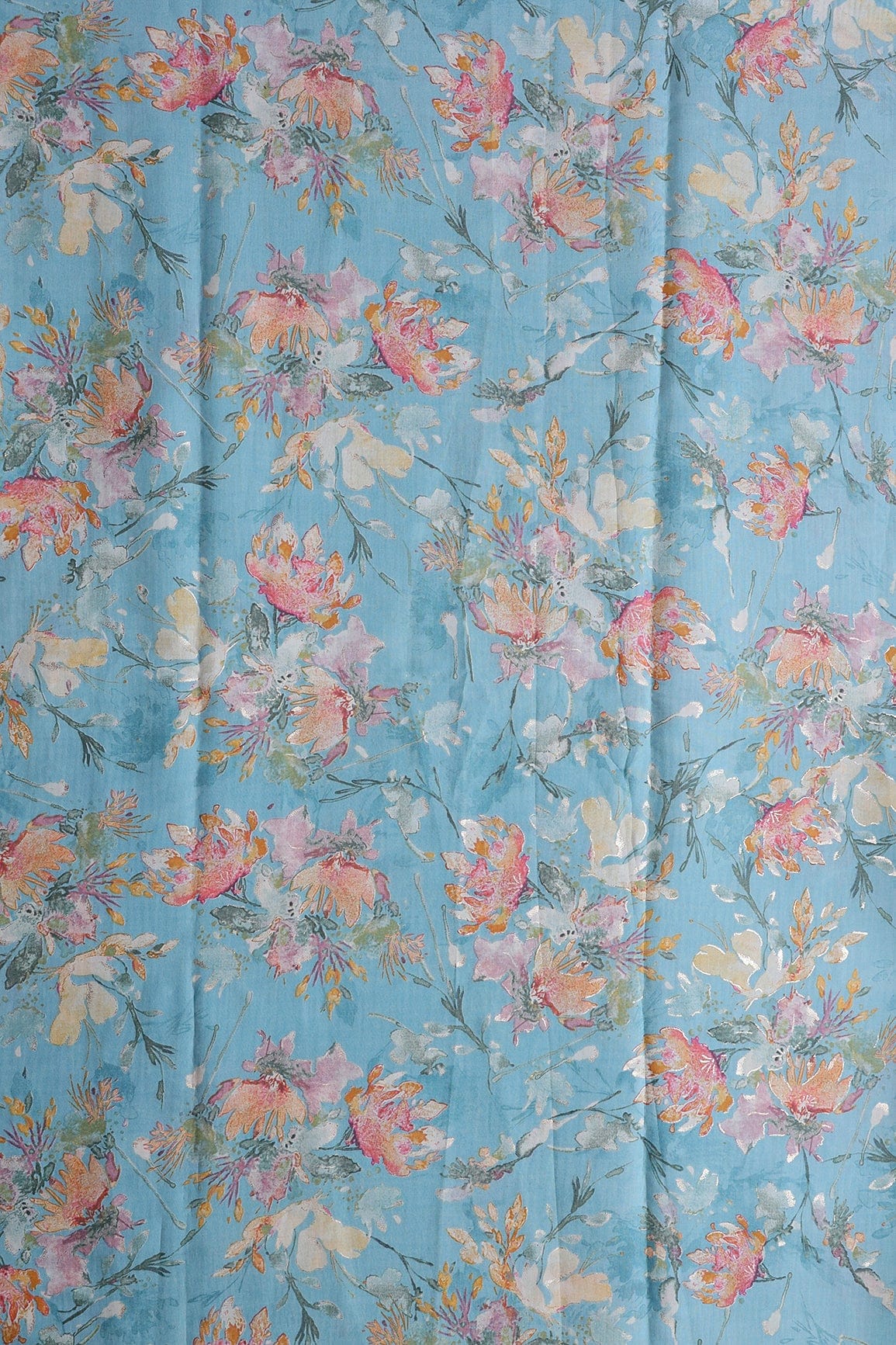 Multi Color Floral Foil Print On Sky Blue Viscose Chanderi Silk Fabric - doeraa