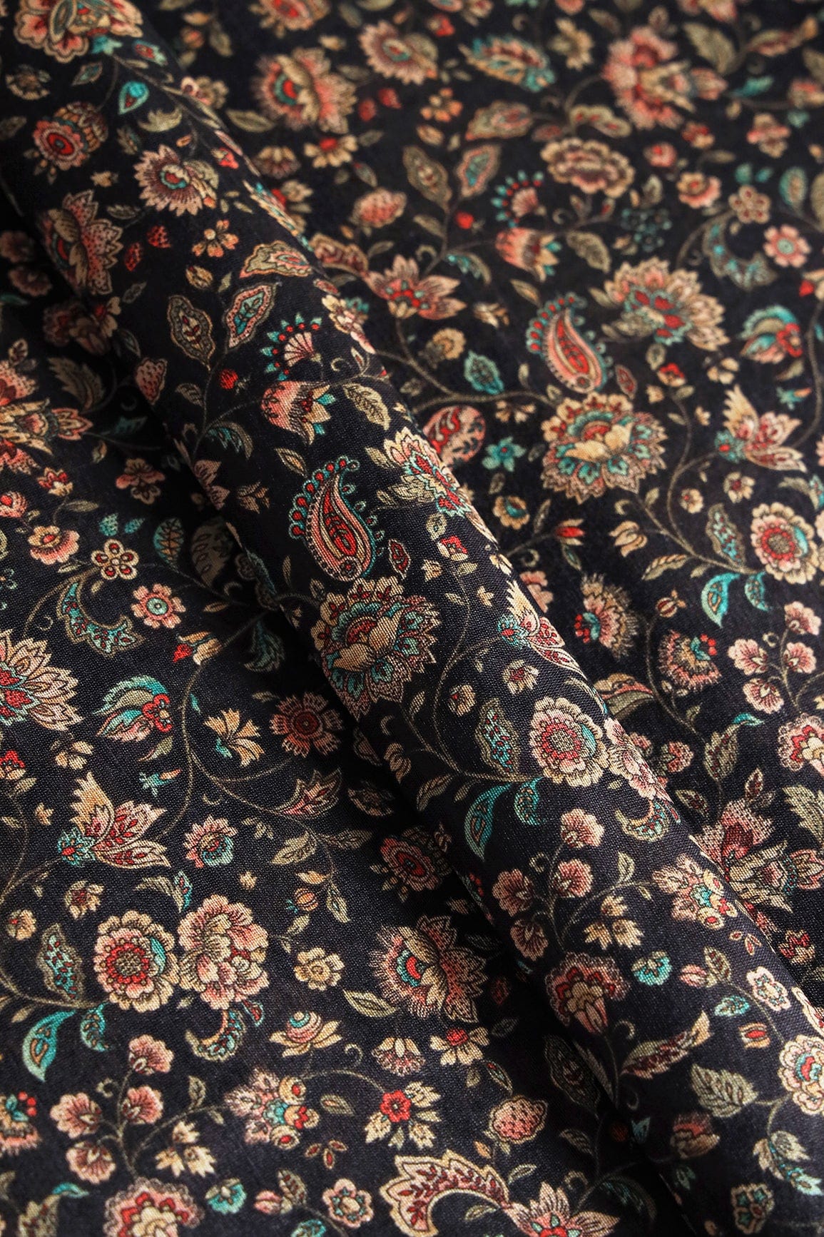 Multi Color Floral Pattern Digital Print On Dark Navy Blue Mulberry Silk Fabric - doeraa