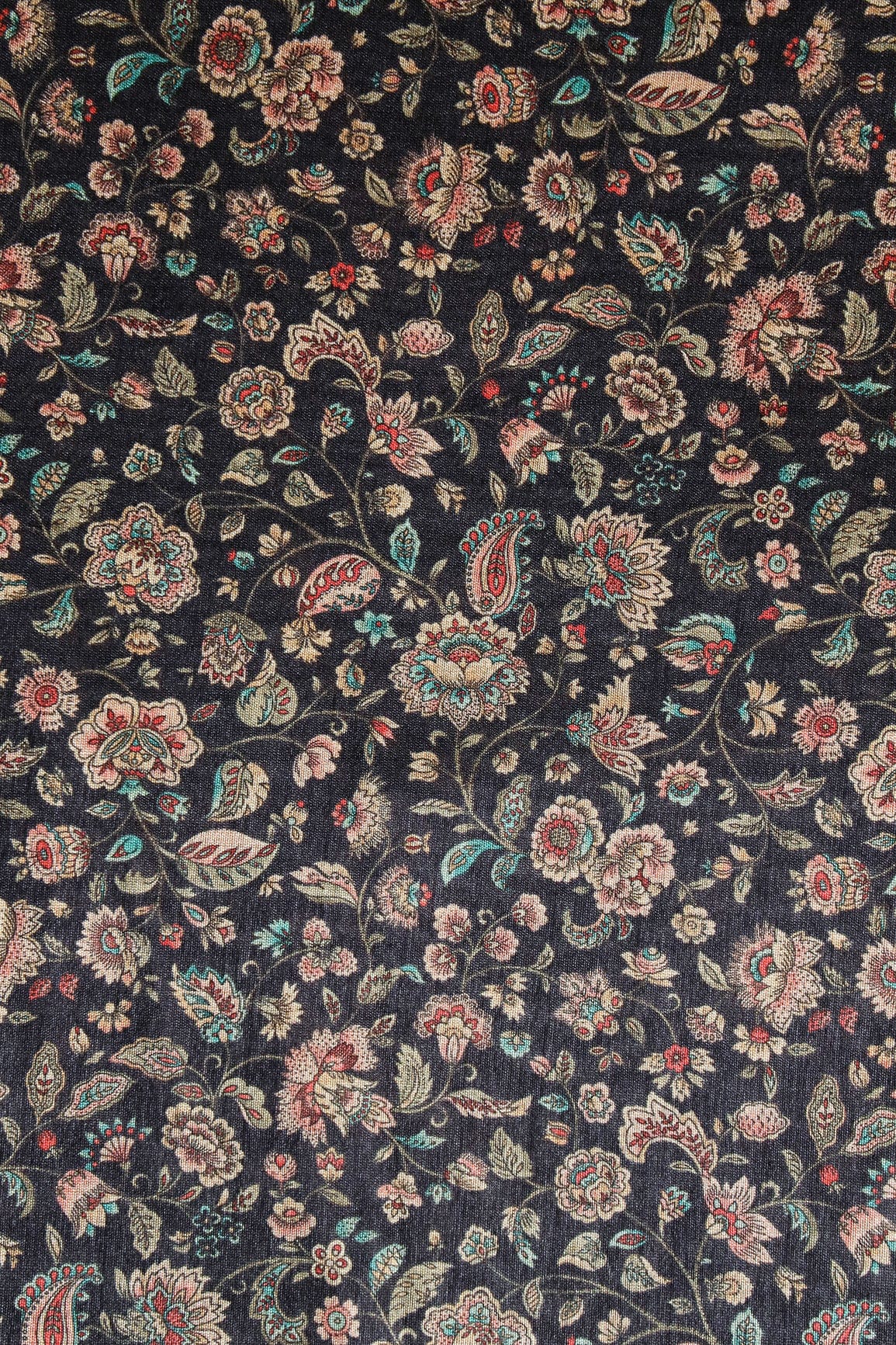 Multi Color Floral Pattern Digital Print On Dark Navy Blue Mulberry Silk Fabric - doeraa