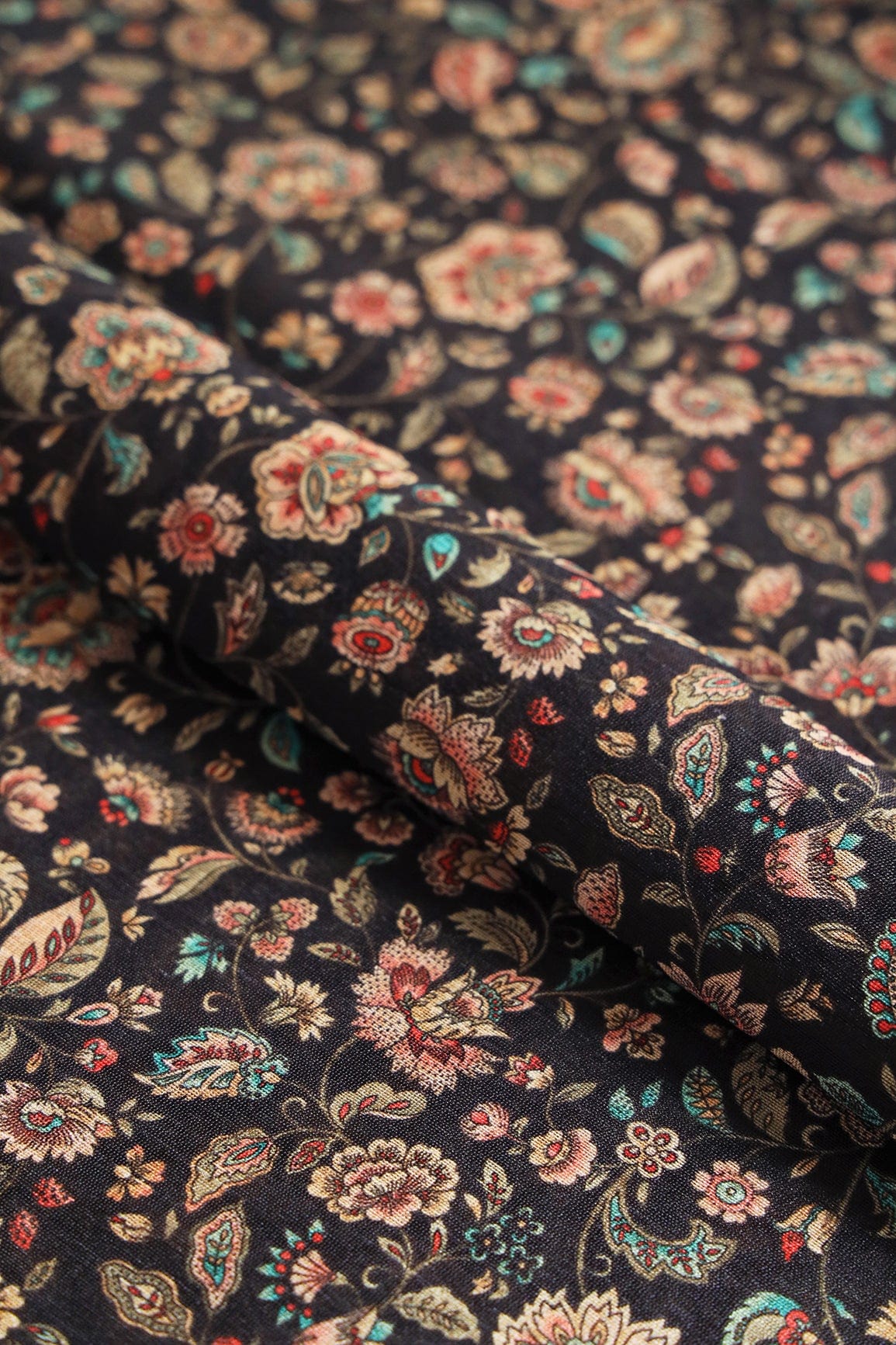 Multi Color Floral Pattern Digital Print On Dark Navy Blue Mulberry Silk Fabric - doeraa