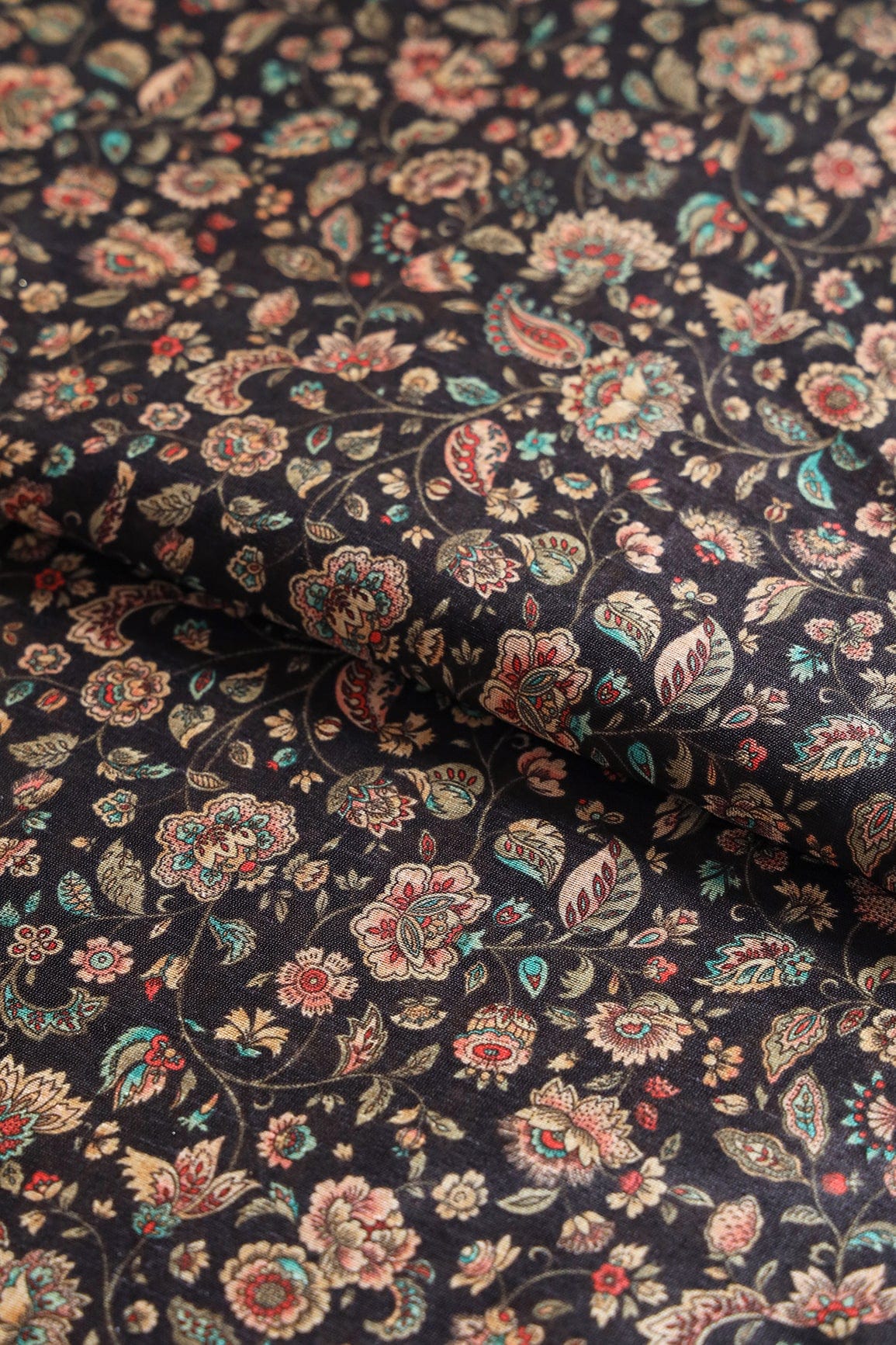 Multi Color Floral Pattern Digital Print On Dark Navy Blue Mulberry Silk Fabric - doeraa