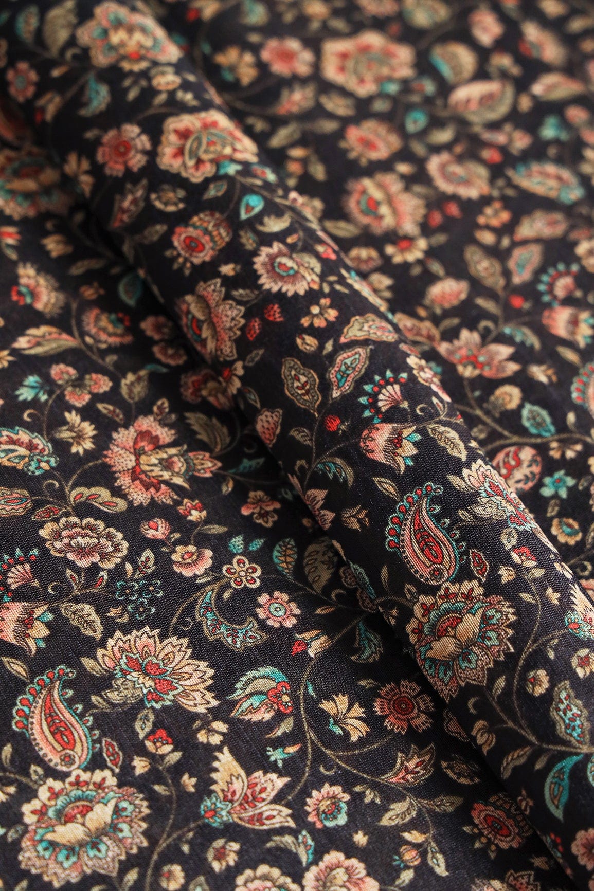 Multi Color Floral Pattern Digital Print On Dark Navy Blue Mulberry Silk Fabric - doeraa
