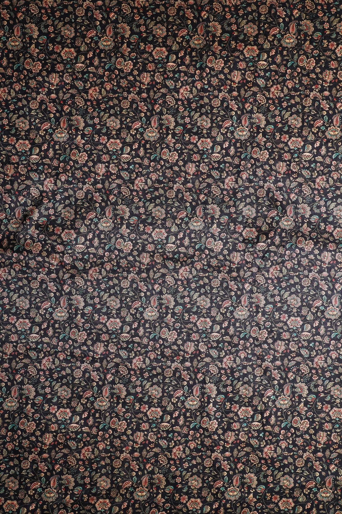 Multi Color Floral Pattern Digital Print On Dark Navy Blue Mulberry Silk Fabric - doeraa