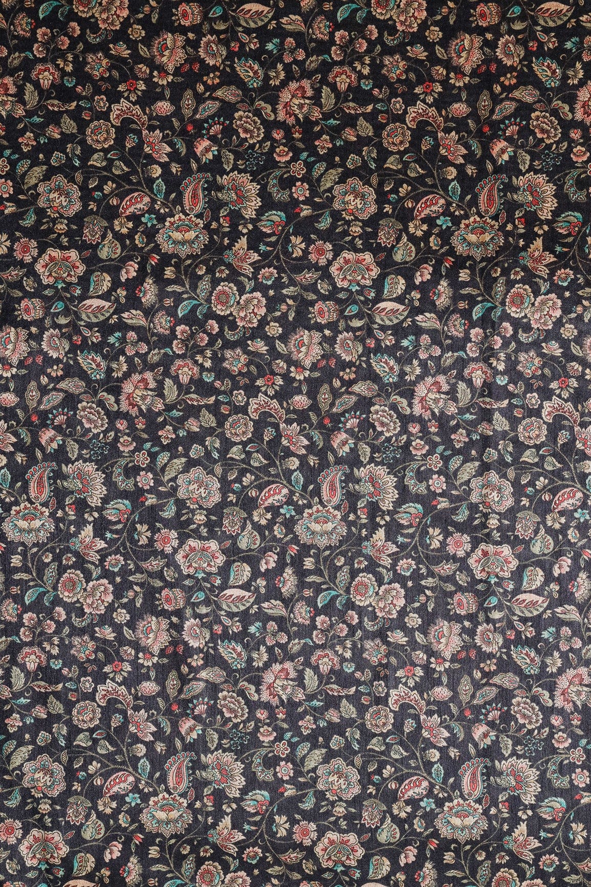 Multi Color Floral Pattern Digital Print On Dark Navy Blue Mulberry Silk Fabric - doeraa