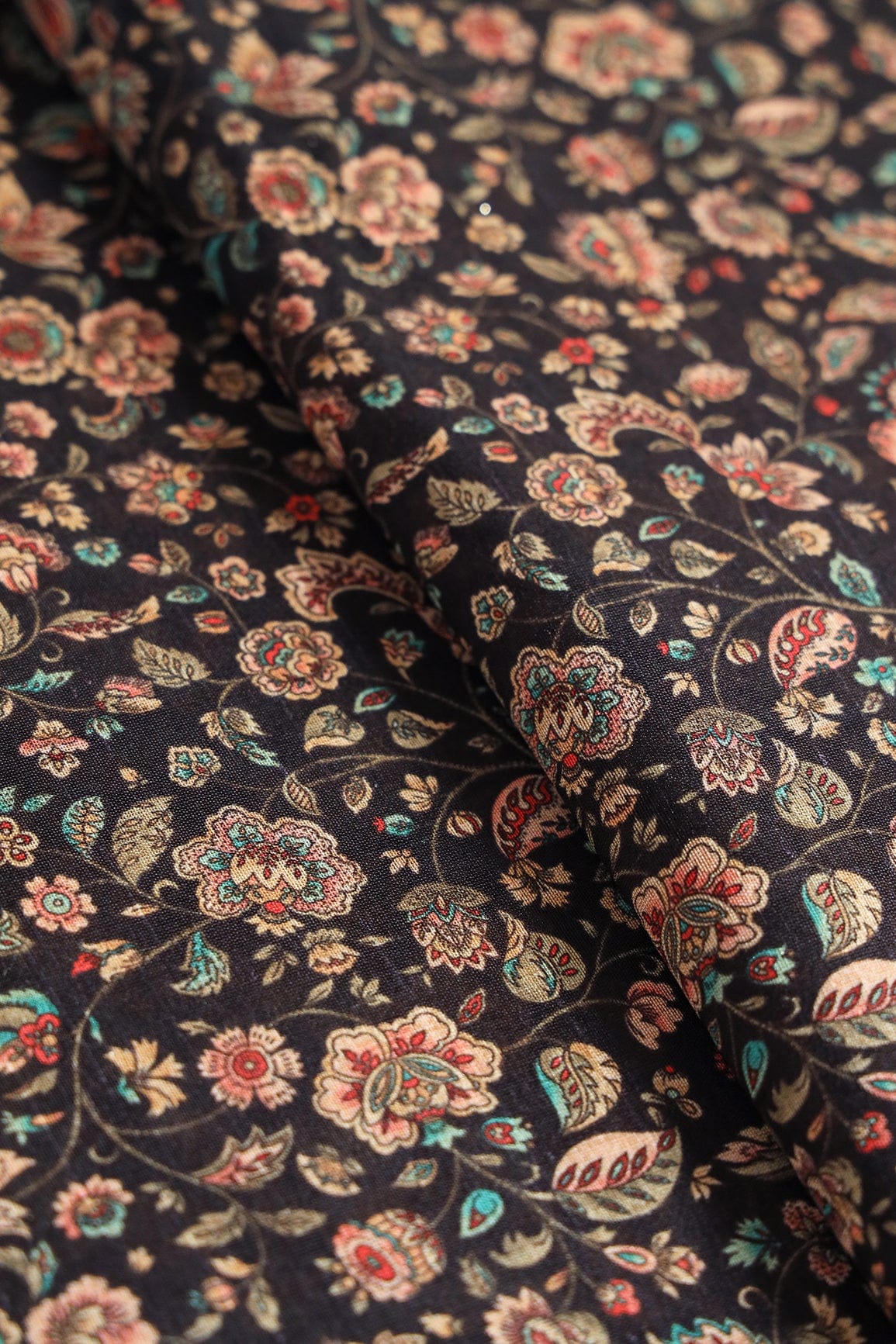 Multi Color Floral Pattern Digital Print On Dark Navy Blue Mulberry Silk Fabric - doeraa