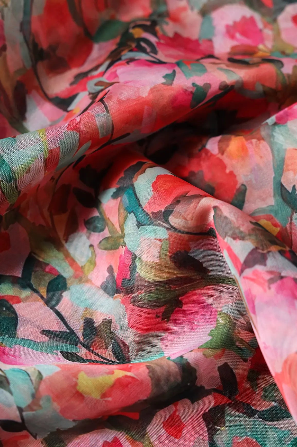Multi Color Floral Pattern Digital Print On Light Olive Organza Fabric - doeraa