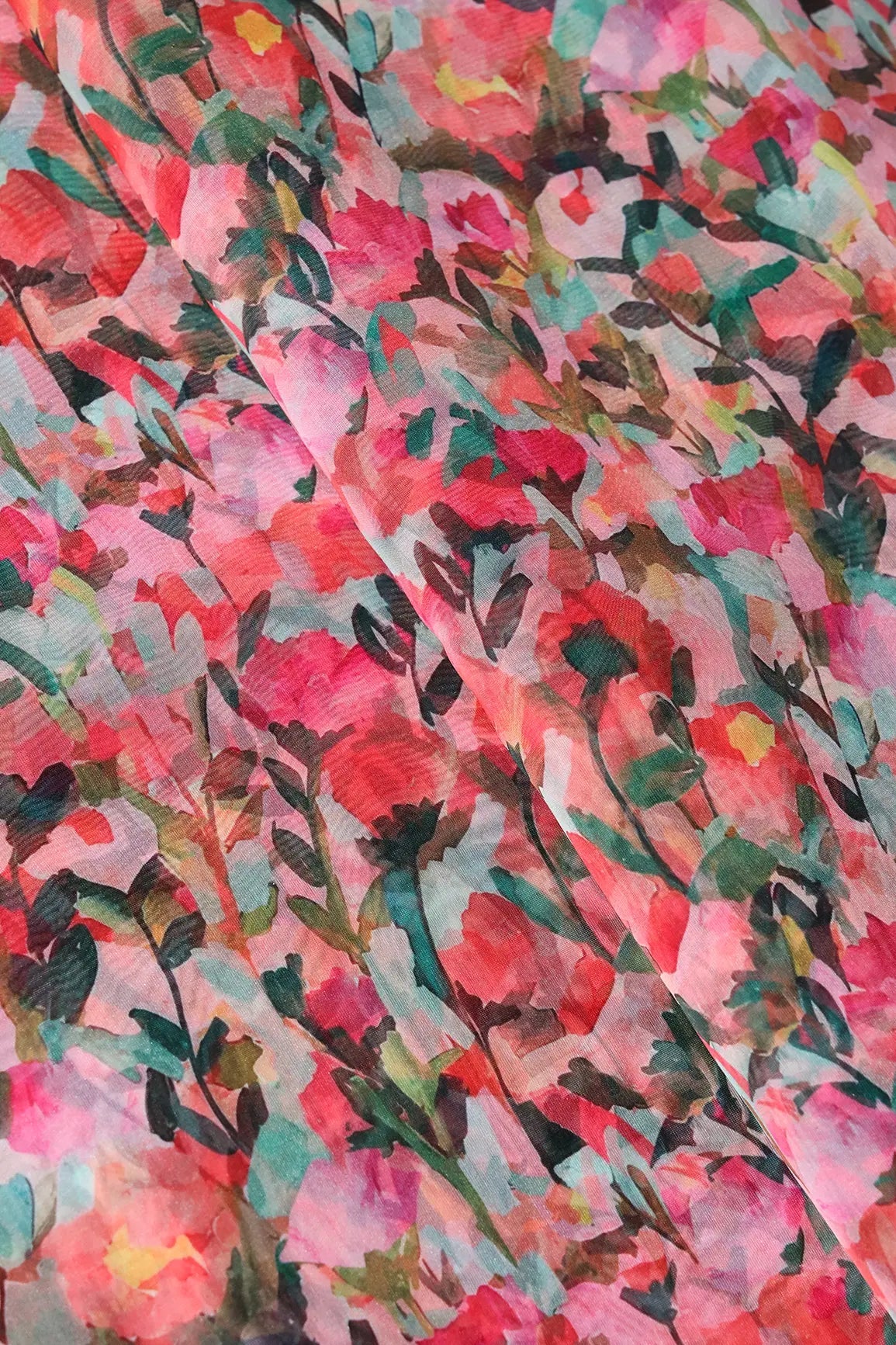Multi Color Floral Pattern Digital Print On Light Olive Organza Fabric - doeraa