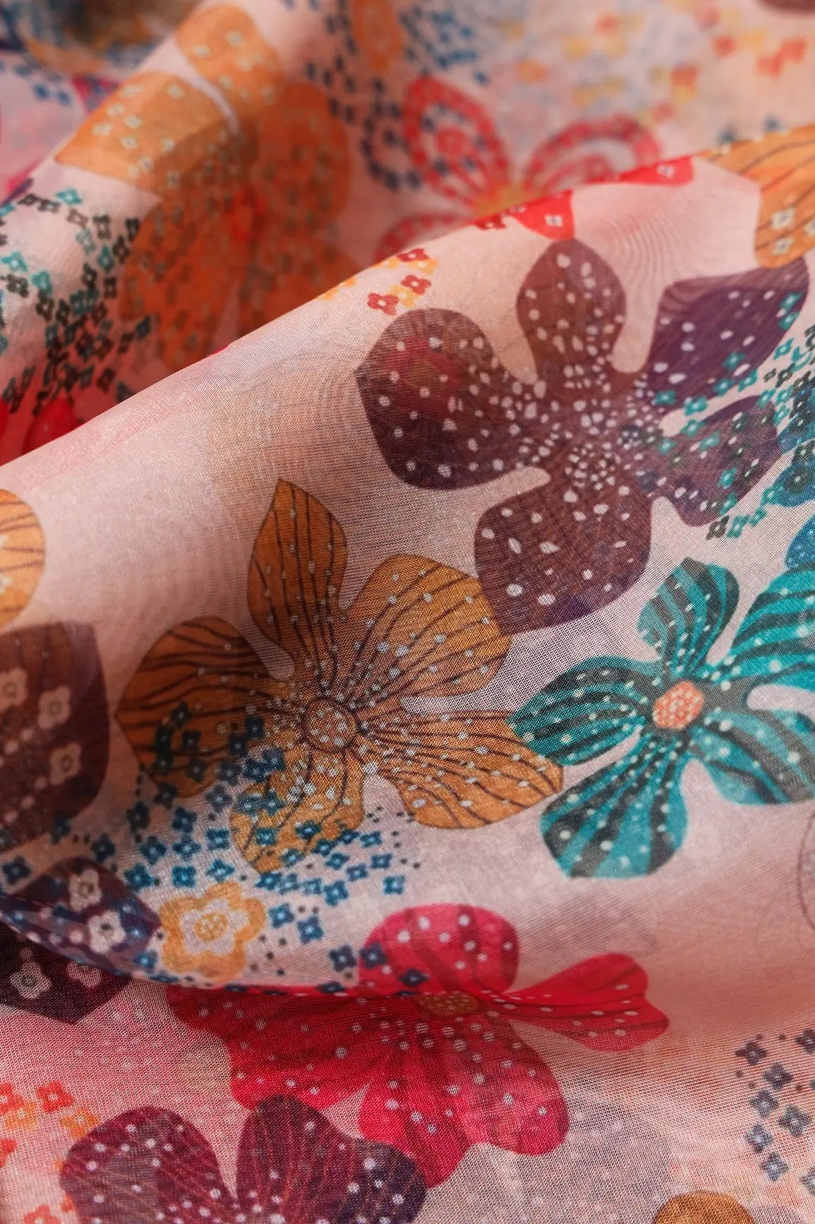 Multi Color Floral Pattern Digital Print On White Organza Fabric - doeraa