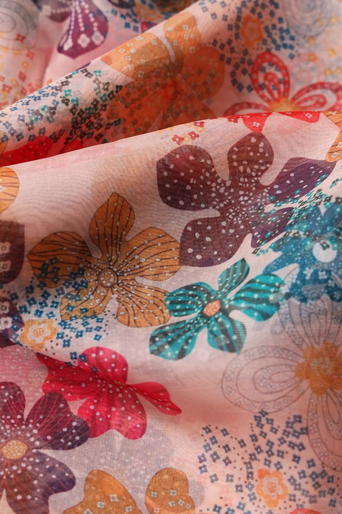 Multi Color Floral Pattern Digital Print On White Organza Fabric - doeraa