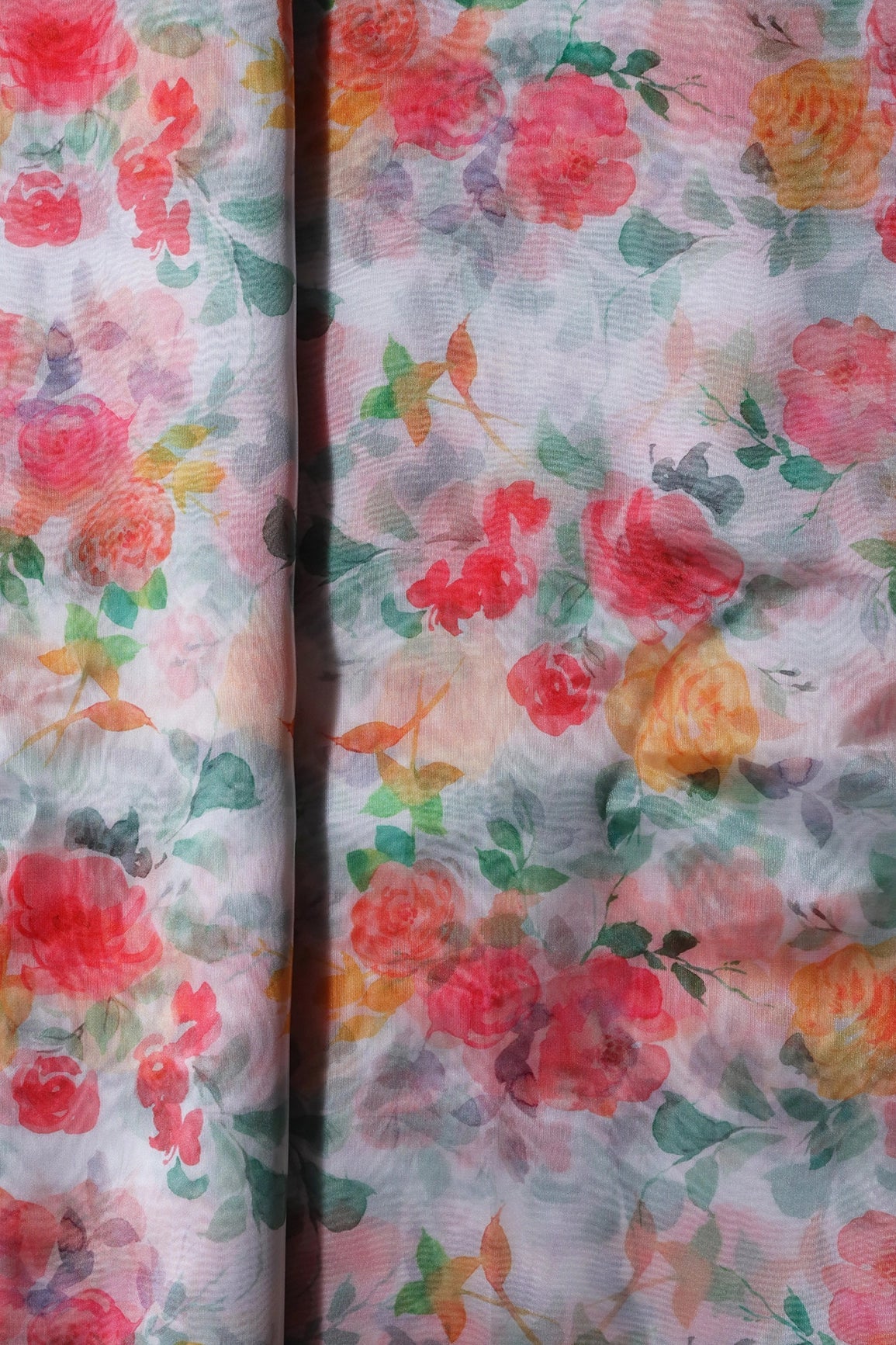 Multi Color Floral Pattern Digital Print On White Organza Fabric - doeraa