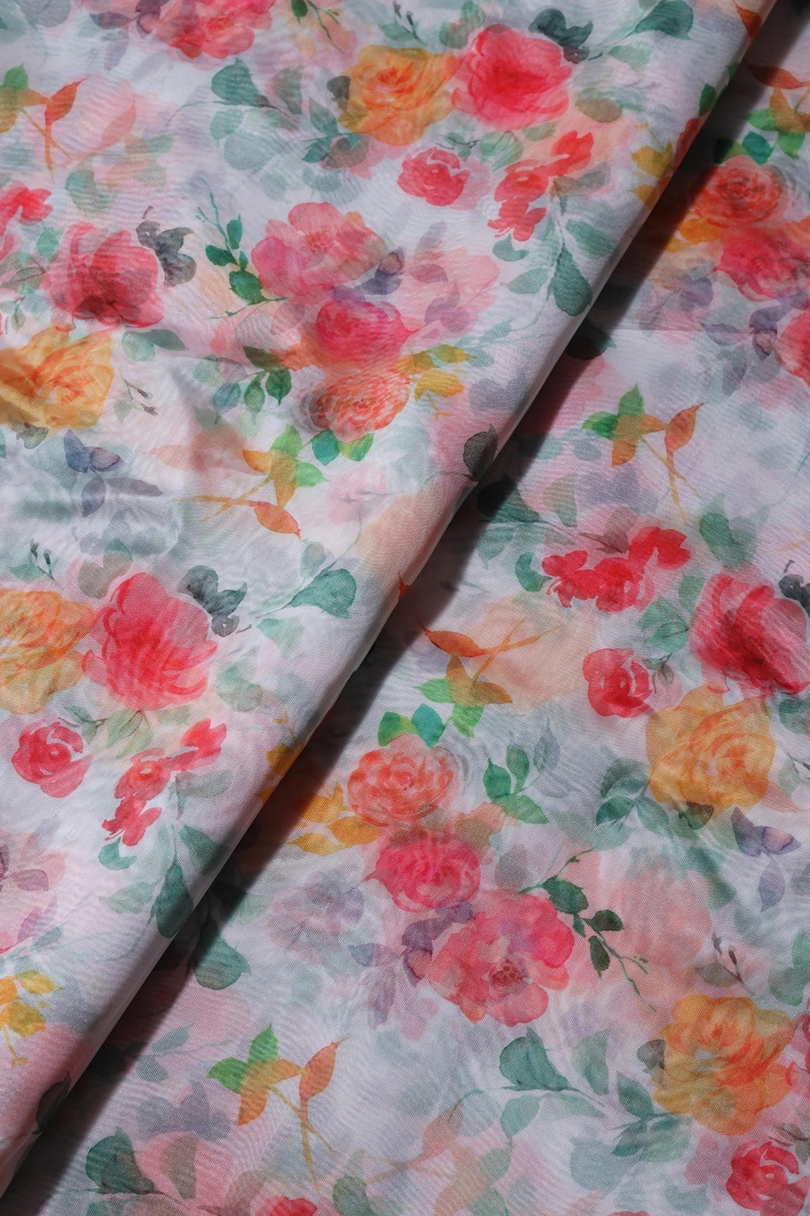 Multi Color Floral Pattern Digital Print On White Organza Fabric - doeraa