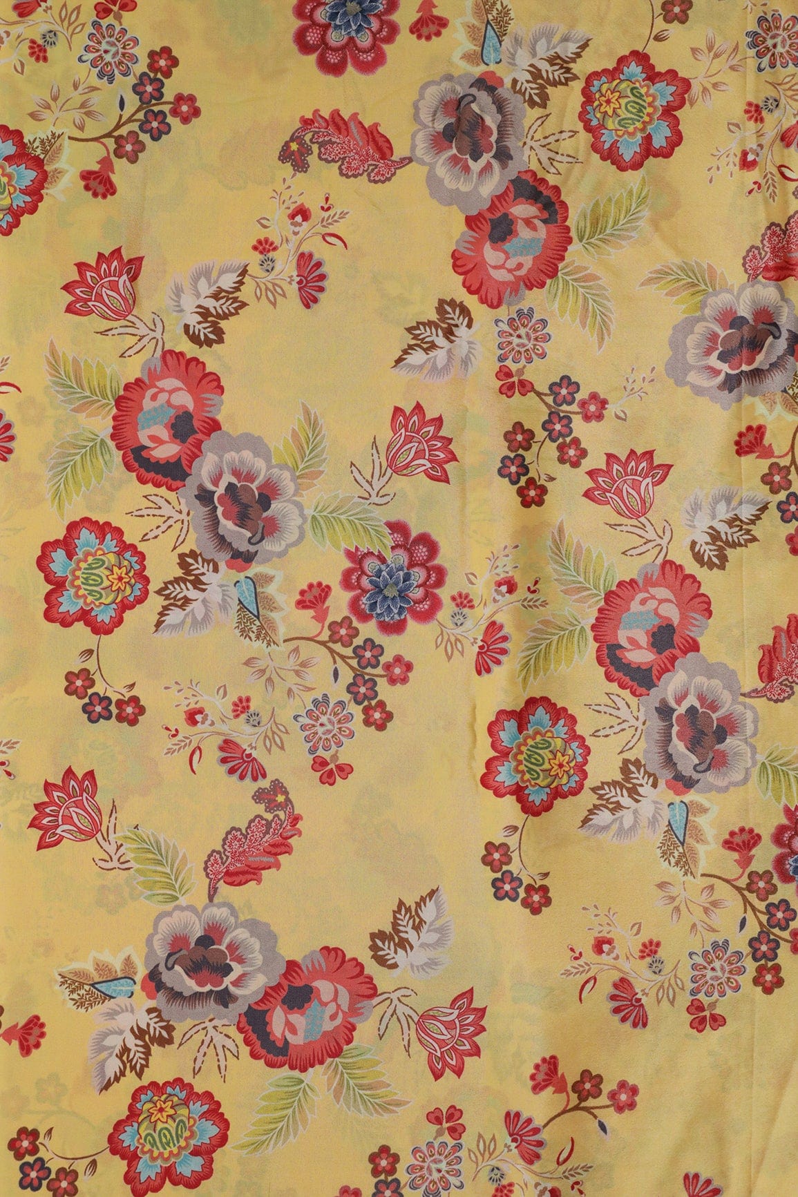 Multi Color Floral Pattern Digital Print On Yellow Crepe Fabric - doeraa