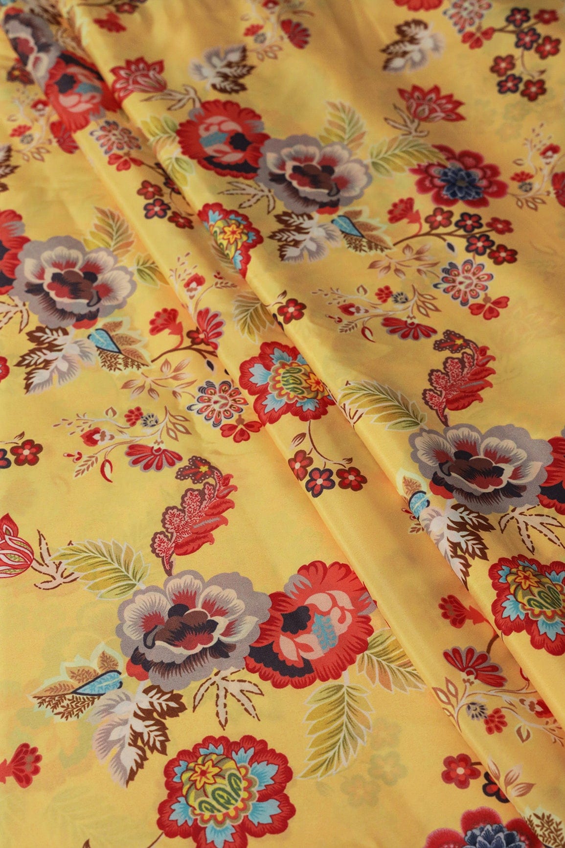 Multi Color Floral Pattern Digital Print On Yellow Crepe Fabric - doeraa
