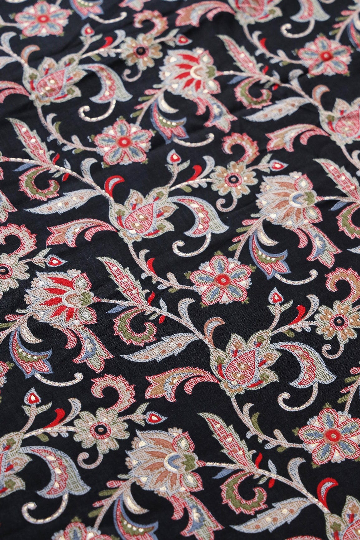 Multi Color Floral Pattern With Foil Print On Black Pure Rayon Fabric - doeraa