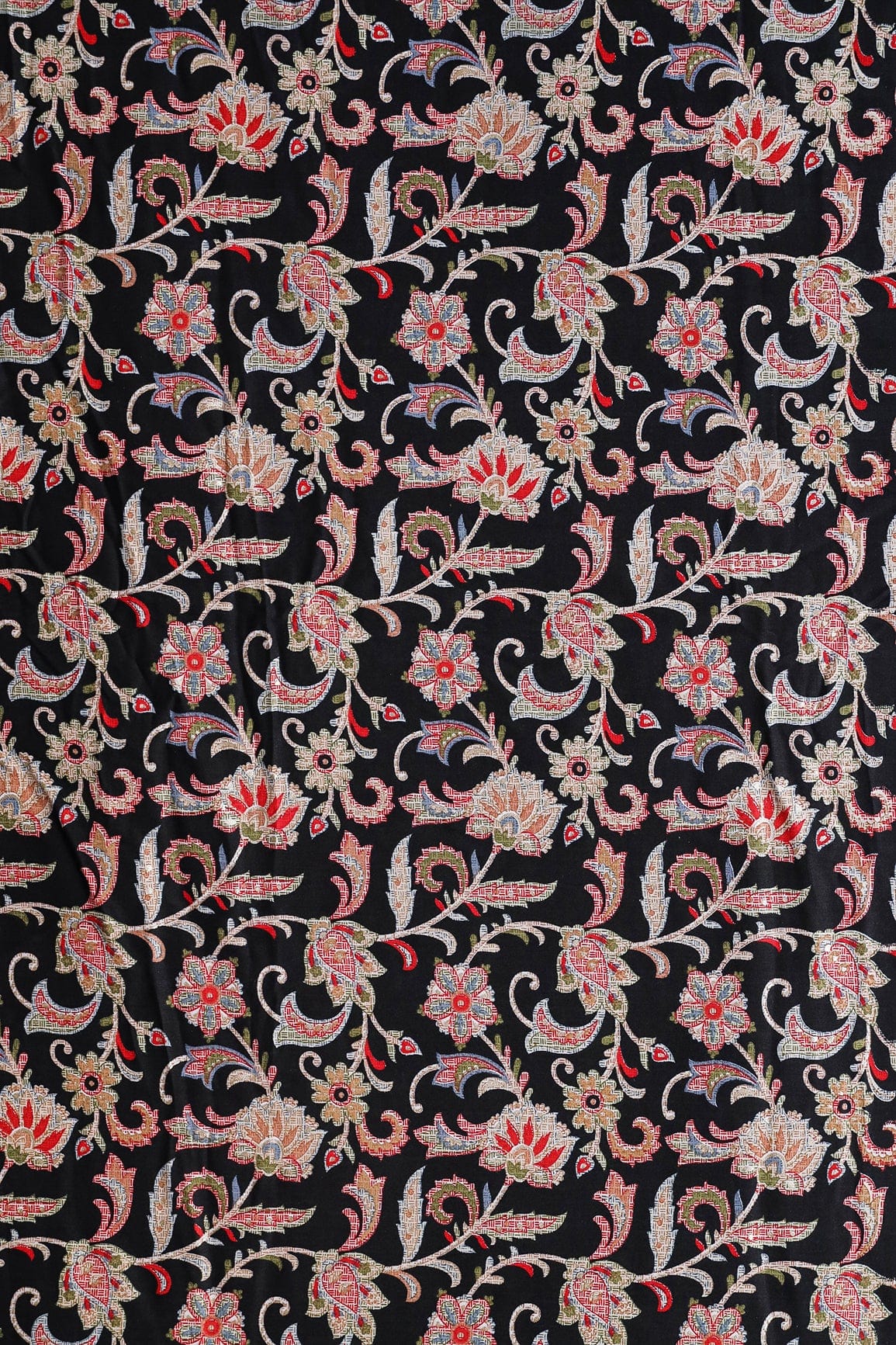 Multi Color Floral Pattern With Foil Print On Black Pure Rayon Fabric - doeraa