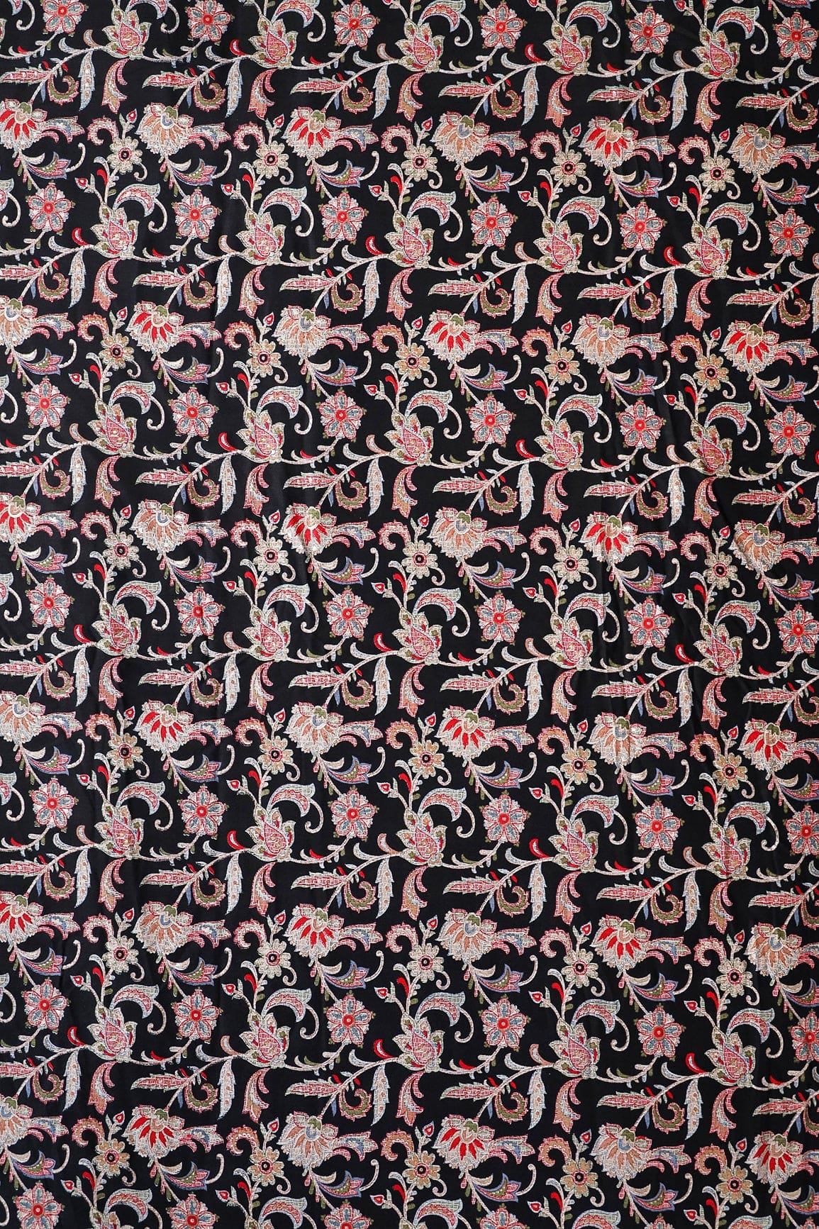 Multi Color Floral Pattern With Foil Print On Black Pure Rayon Fabric - doeraa