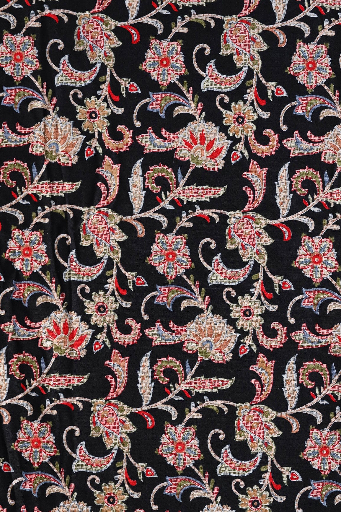 Multi Color Floral Pattern With Foil Print On Black Pure Rayon Fabric - doeraa