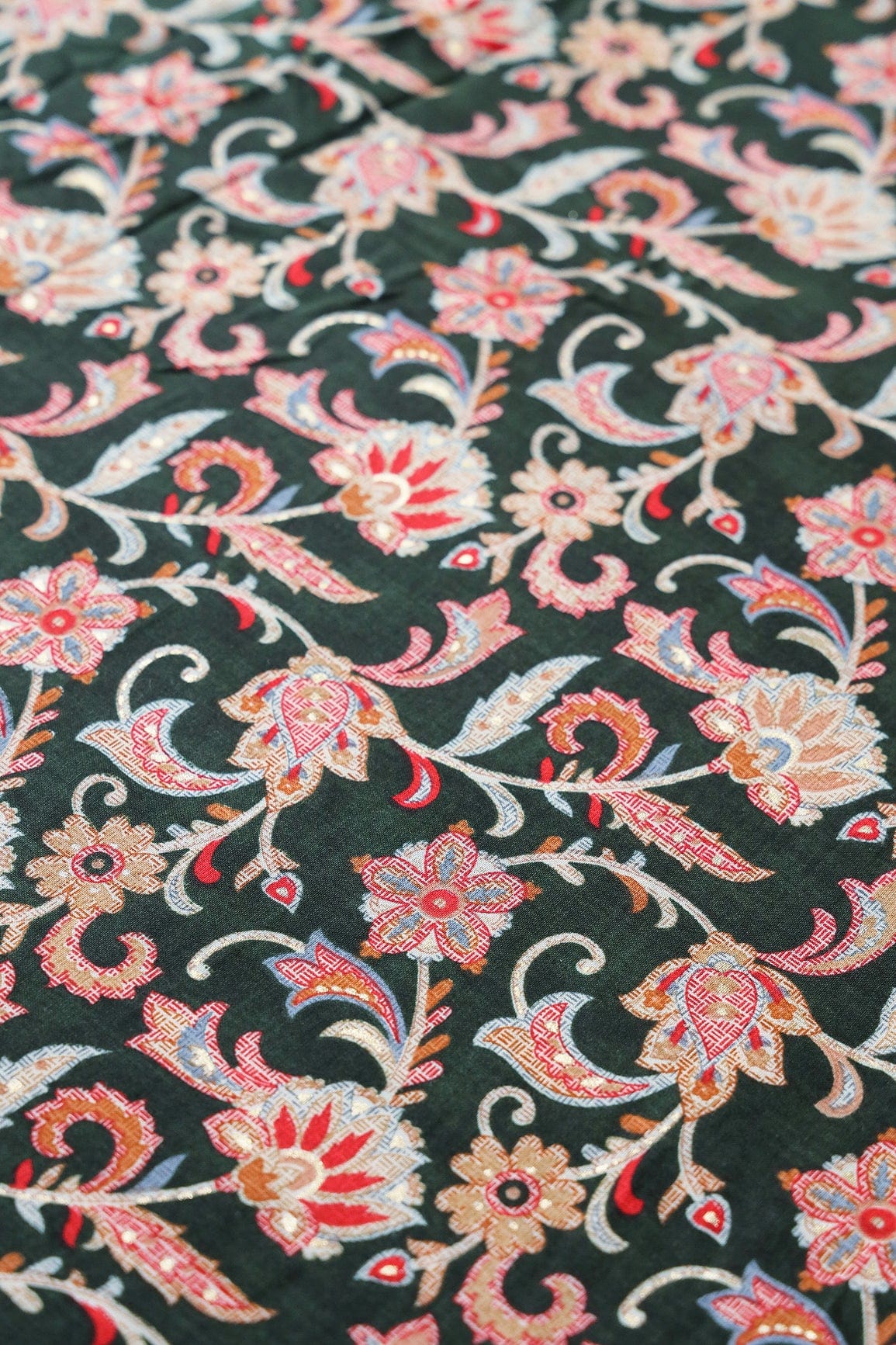 Multi Color Floral Pattern With Foil Print On Bottle Green Pure Rayon Fabric - doeraa