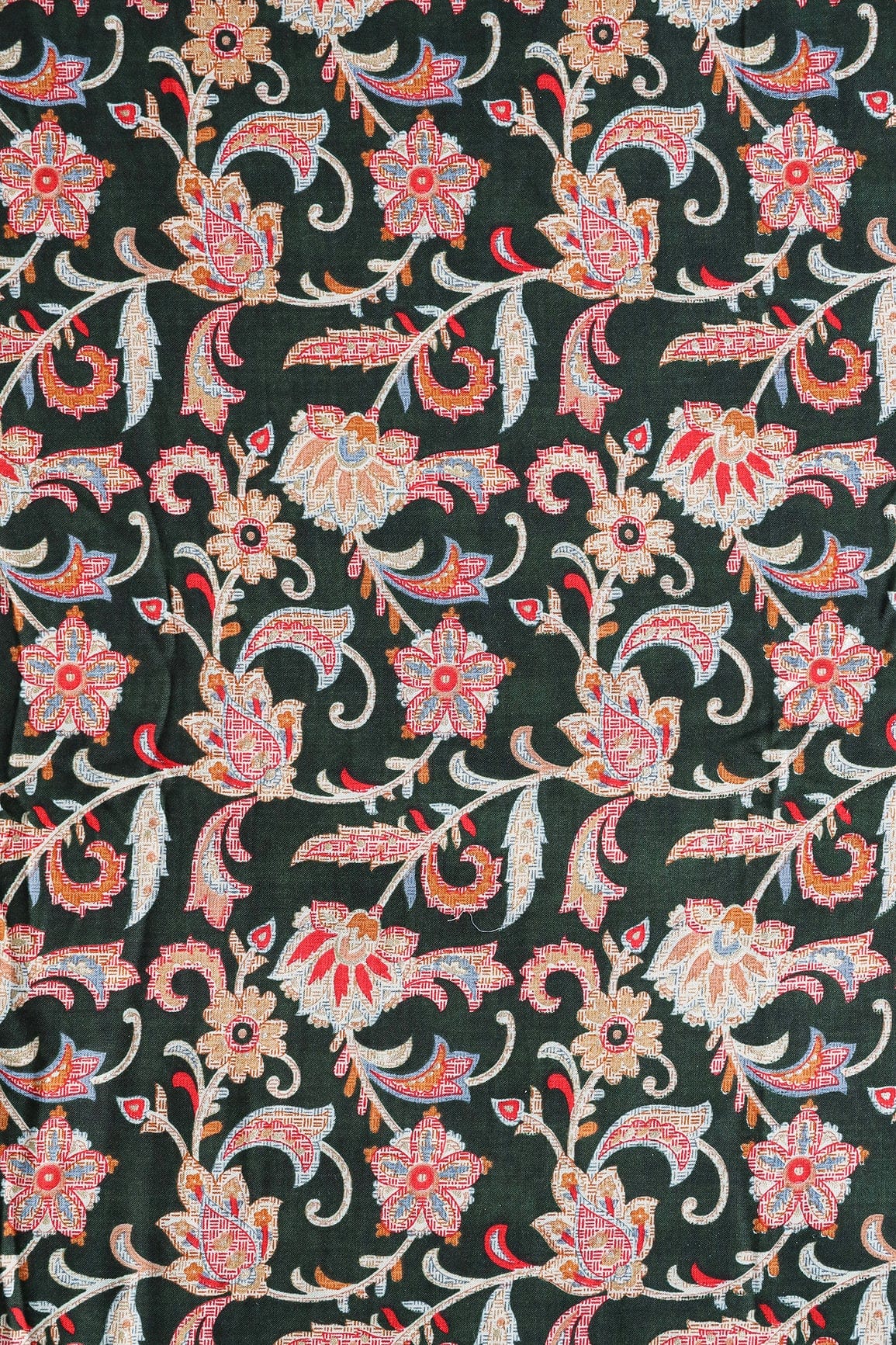 Multi Color Floral Pattern With Foil Print On Bottle Green Pure Rayon Fabric - doeraa