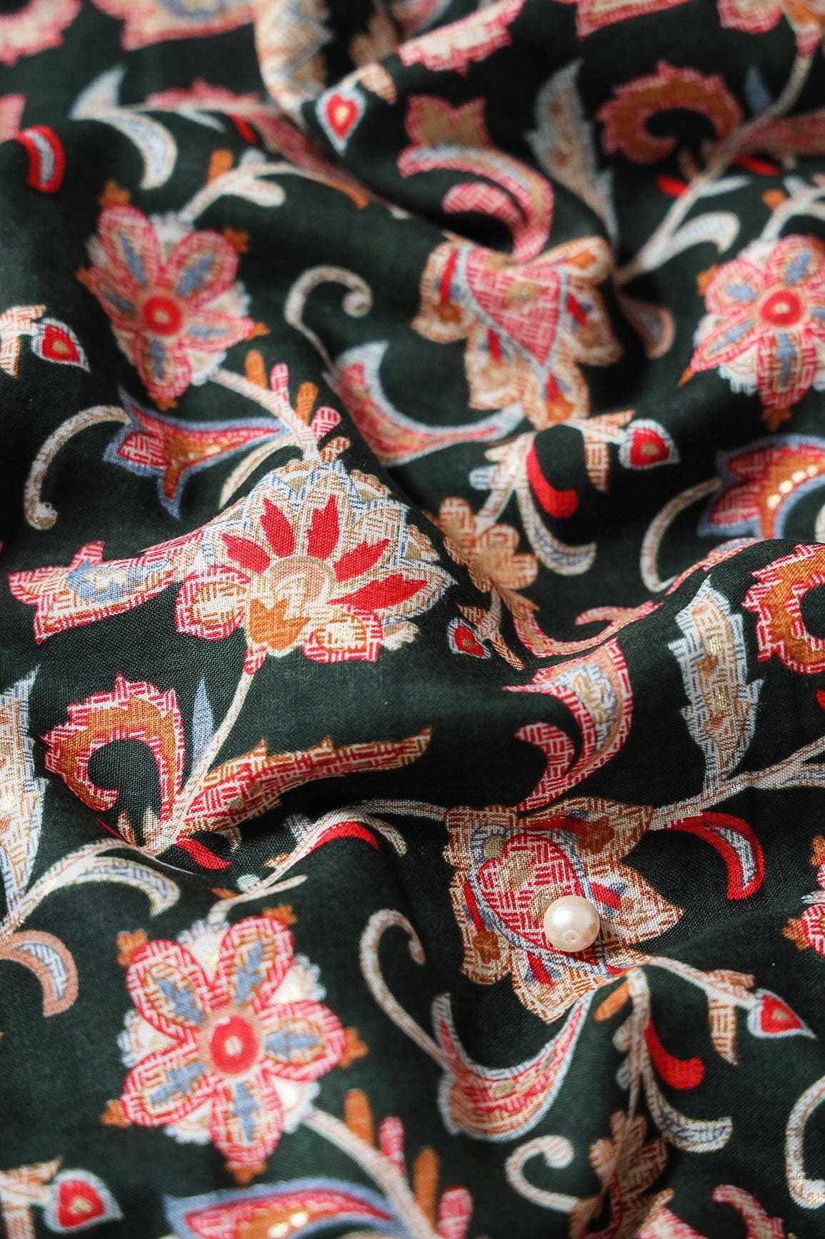 Multi Color Floral Pattern With Foil Print On Bottle Green Pure Rayon Fabric - doeraa
