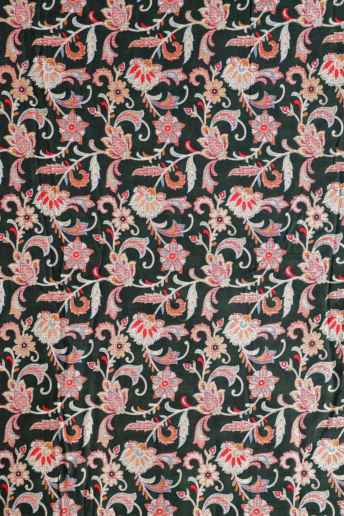 Multi Color Floral Pattern With Foil Print On Bottle Green Pure Rayon Fabric - doeraa